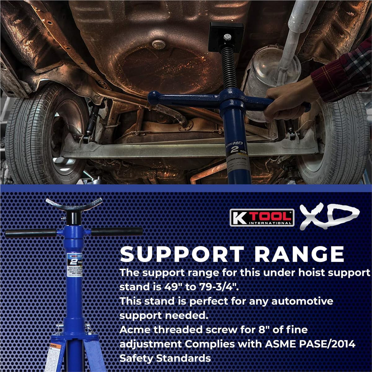 XD61002 2 Ton Automotive under Hoist Tripod Stand for Garages, Repair Shops, and DIY, 4,000Lb. Capacity, Support Range 49"-79.75", Heavy Duty Steel, 24" Base, 3.25" Saddle, Blue