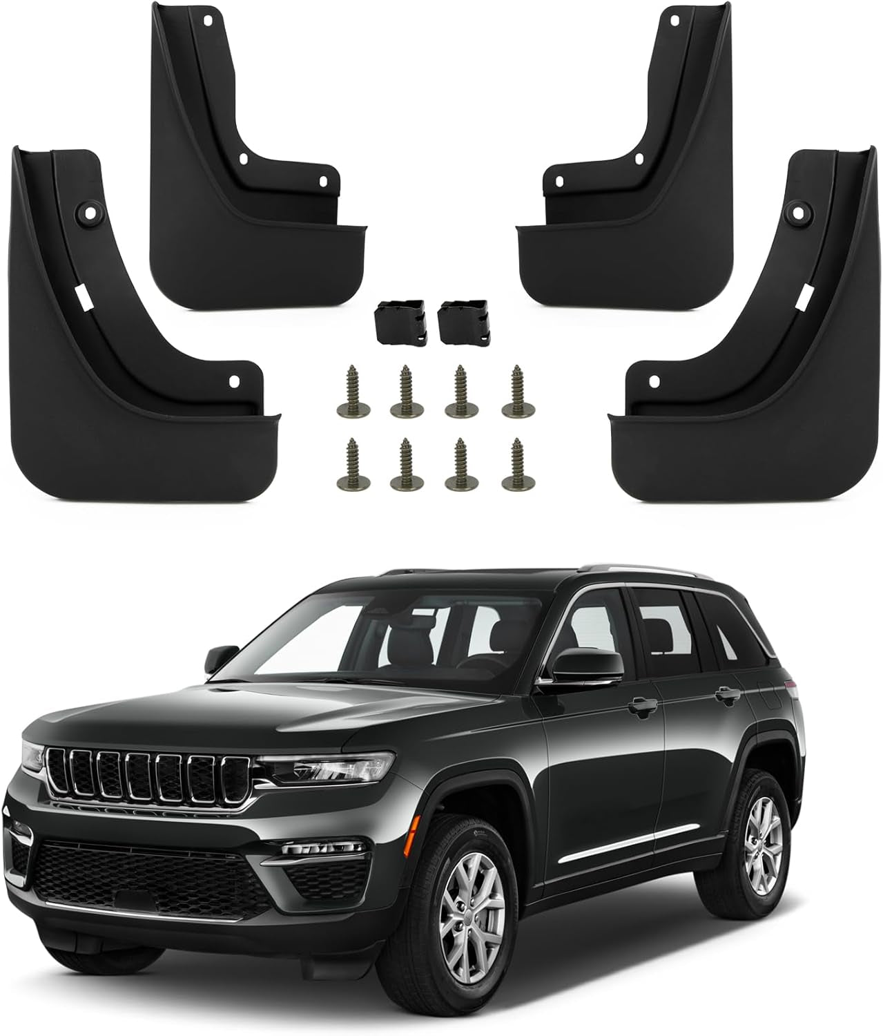 Fit for Grand Cherokee 2024 2025 2022 2023 (Non L) 5 Seats Mud Flaps Set of 4PCS Mud Guard Kit Splash Guards Mudguards Mudflaps with Hardware Kits Accessory Front and Rear