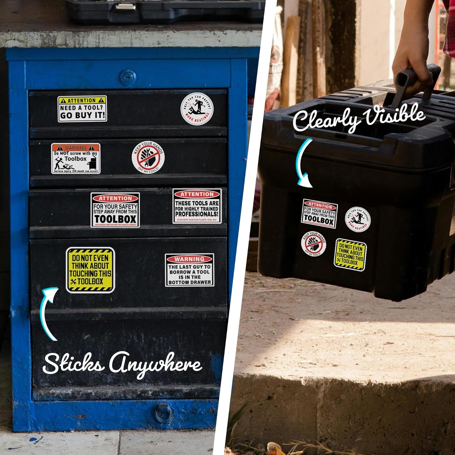 Funny Tool Box Stickers and Decals (8 Pack) - Strong Adhesive Waterproof Funnytool Warning Stickers - No Fade, Used for Tool Box, Helmet, Hard Hat, Laptop, Water Bottle