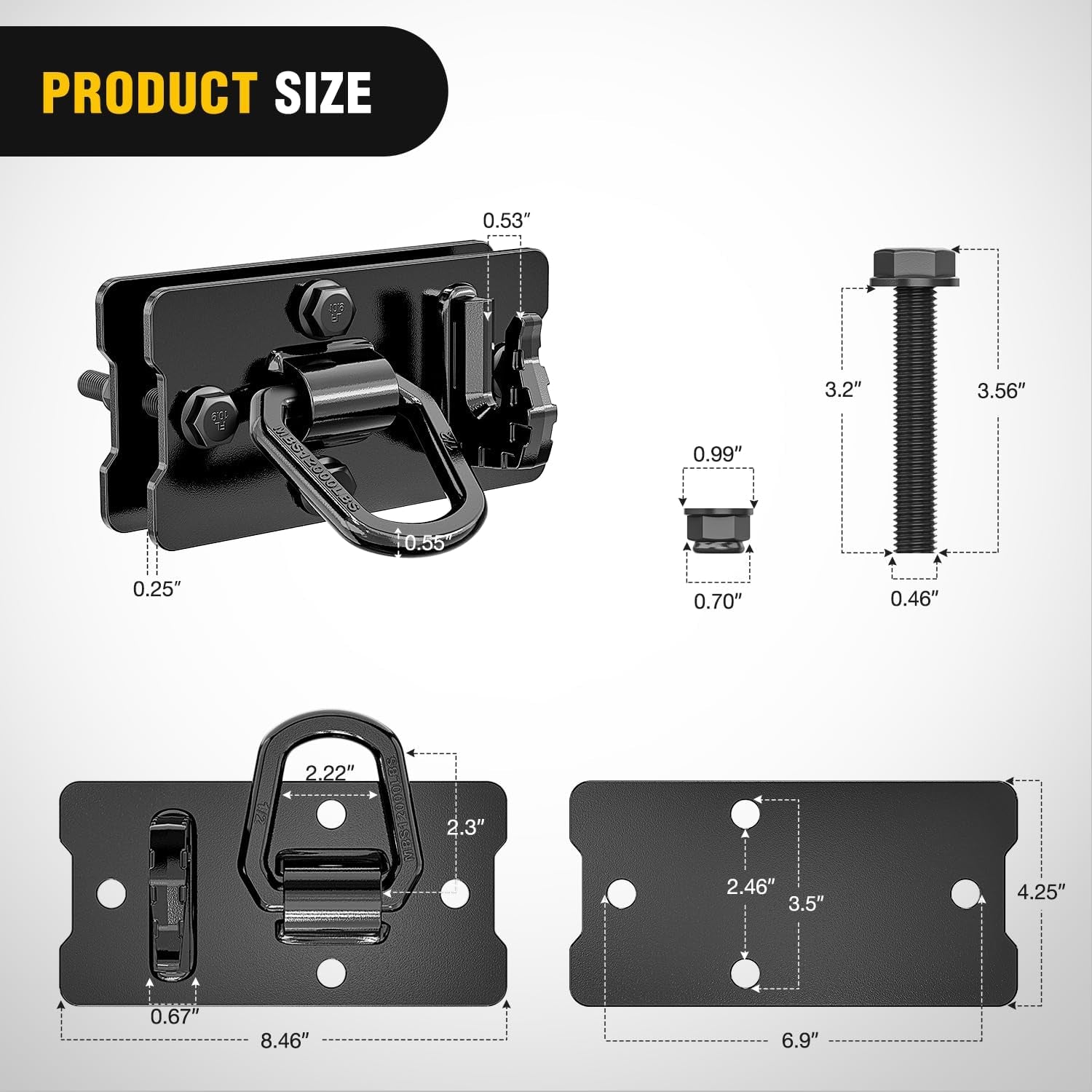 2PCS Tractor Bucket Hooks with Tie down Ring, Bolt-On Grab Hook with Back Plates Compatible with Trailer RV UTV Truck, Grade 70 Grade Forged Steel Max 15000 Lbs, Black