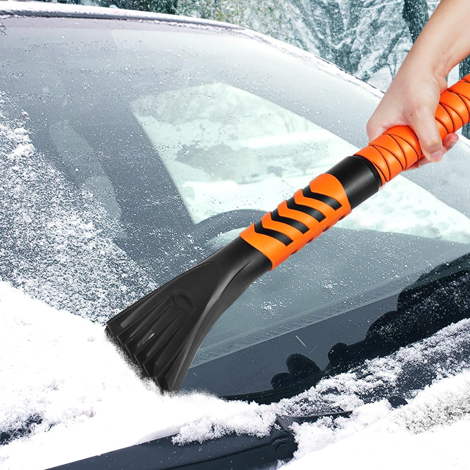 Extendable Ice Scraper and Brush with Squeegee for Car 4 in 1 Emergency Snow Shovel, Ergonomic Foam Grip and 180° Pivoting Brush Head Car Snow Kit for Cars, Trucks, Suvs, Vehicle