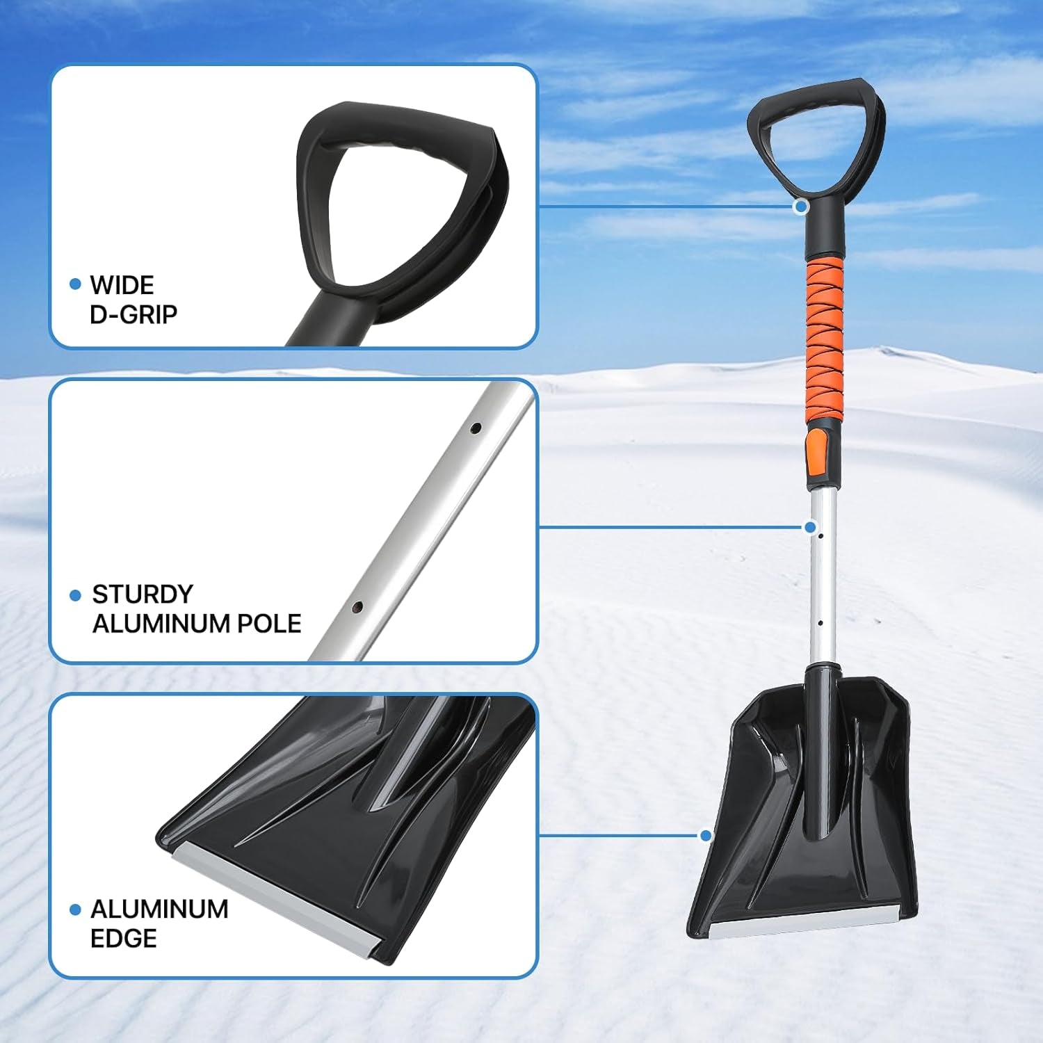 Extendable Ice Scraper and Brush with Squeegee for Car 4 in 1 Emergency Snow Shovel, Ergonomic Foam Grip and 180° Pivoting Brush Head Car Snow Kit for Cars, Trucks, Suvs, Vehicle