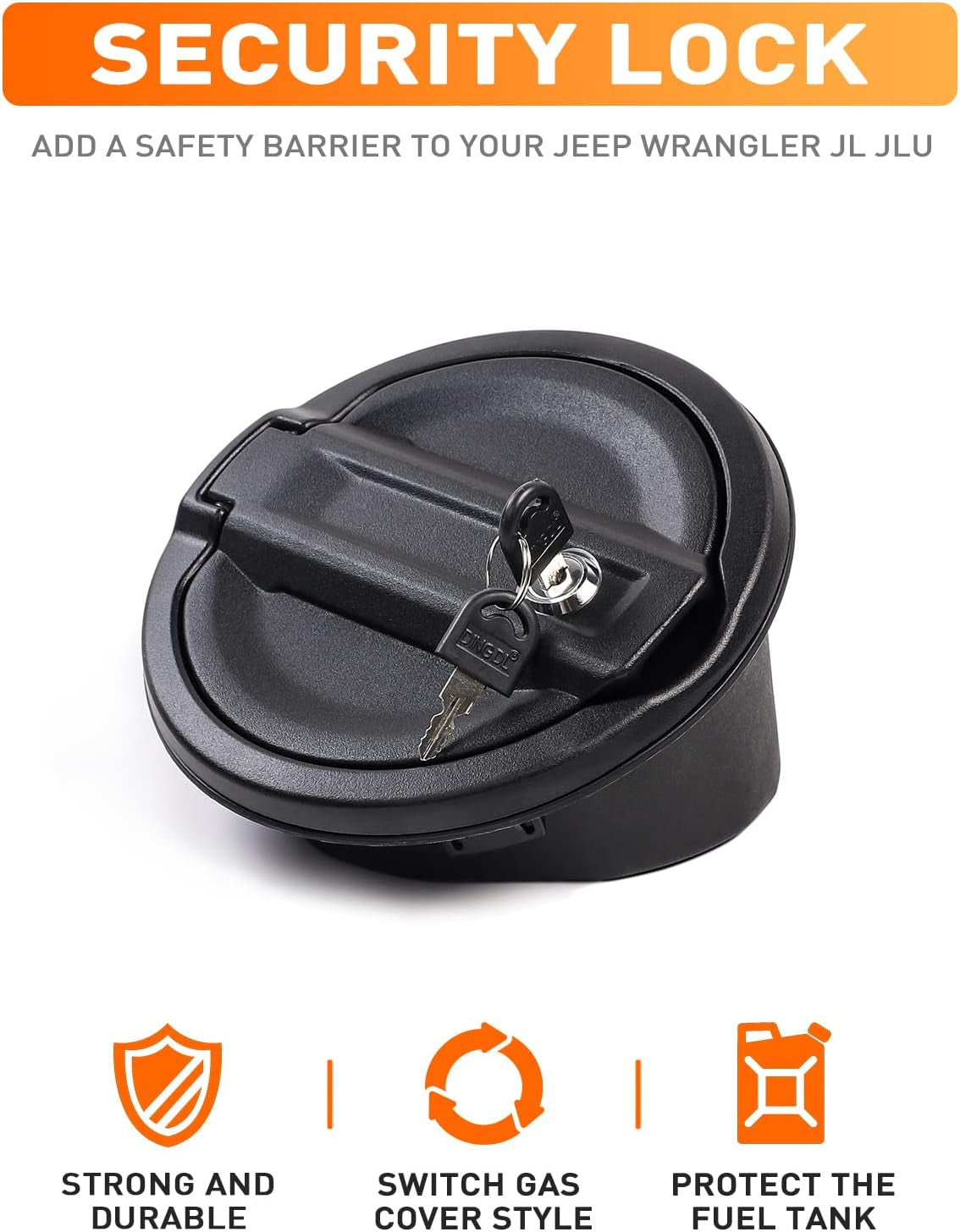 Locking Gas Cap Cover, Fuel Filler Tank Door with Lock Compatible with 2018-2025 Jeep Wrangler JL JLU 4Xe 2 and 4 Door, ABS + Aluminum Alloy Structure, Replacement Accessories, Black