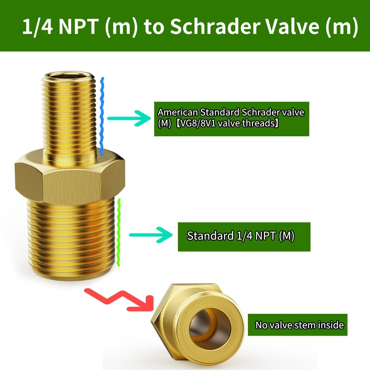 Air Inflator Adapter 1/4 NPT (M) to Standard Schrader Valve (M),Locking Air Chuck for Use on Tire Inflators, Air Compressors or Air Hoses.Rust-Resistant Brass Air Inflator Adapter(2 Packs)