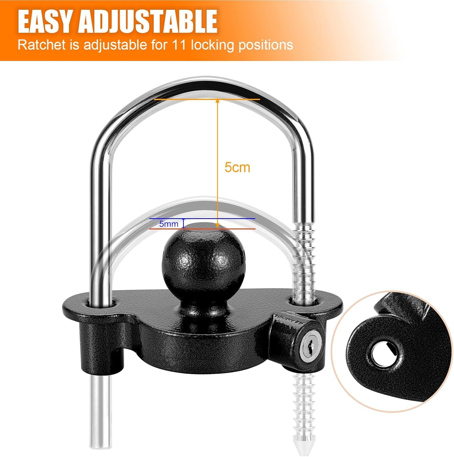 Trailer Hitch Lock Universal Tow Ball Coupler Security Kit Heavy Duty Anti-Theft Protection for Trailer Caravan Horsebox, 2 Keys, Black