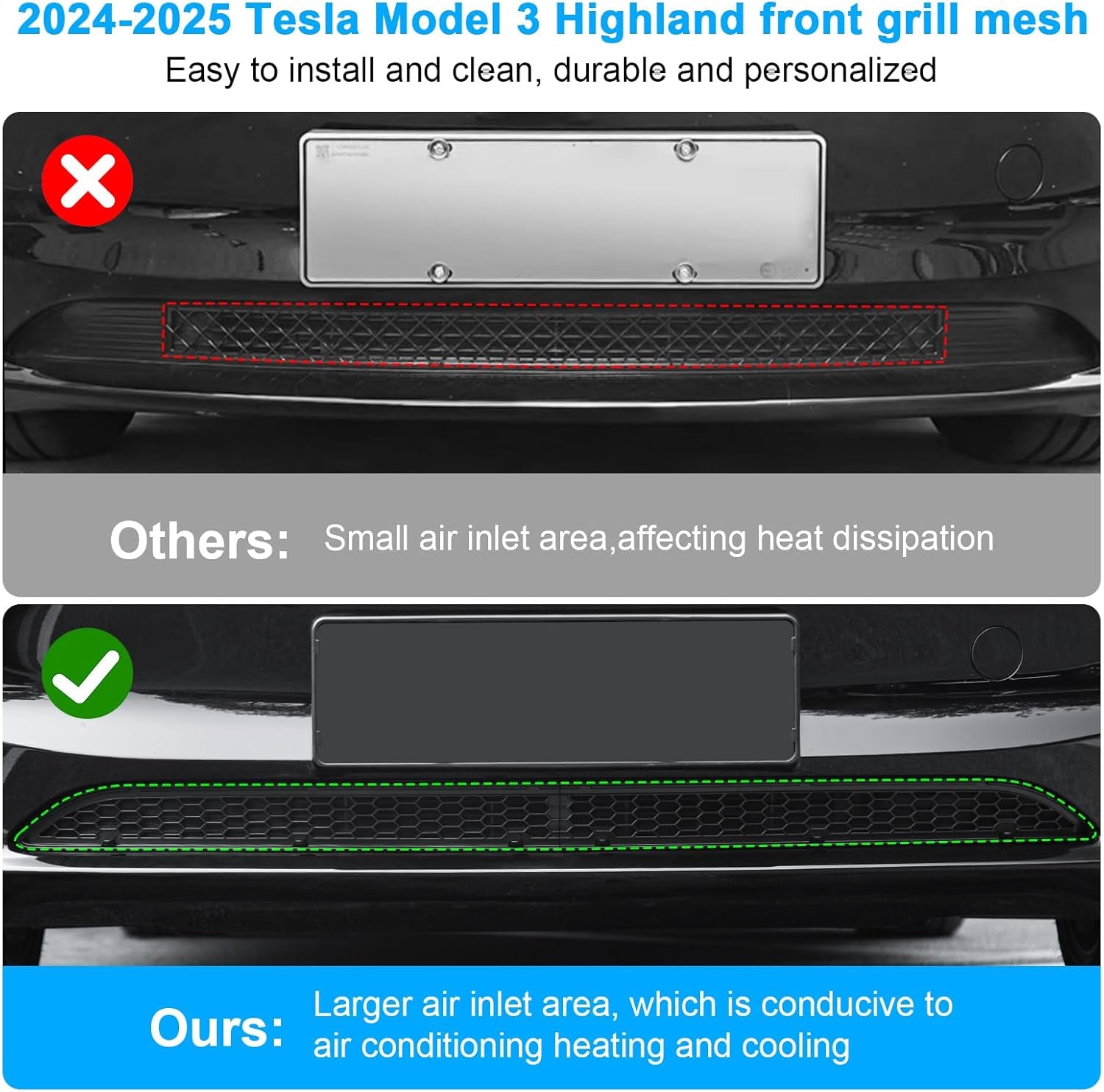 Grille Mesh Inserts for New Tesla Model 3 Highland Front Air Inlet Vent Grille Cover Replacement for Tesla Model 3 2024 2025 Accessories (Detachable Version)
