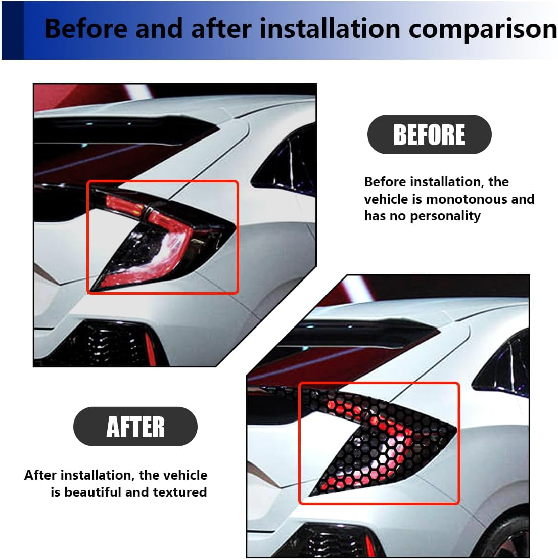 2 Pcs Car Rear Tail Light Lamp Stickers Honeycomb Type Decal, 18.9"×11.8" DIY Self Adhesive Tint Film Taillight Sheet, Universal Car Accessories for Rear Light Cover Trim (Black)
