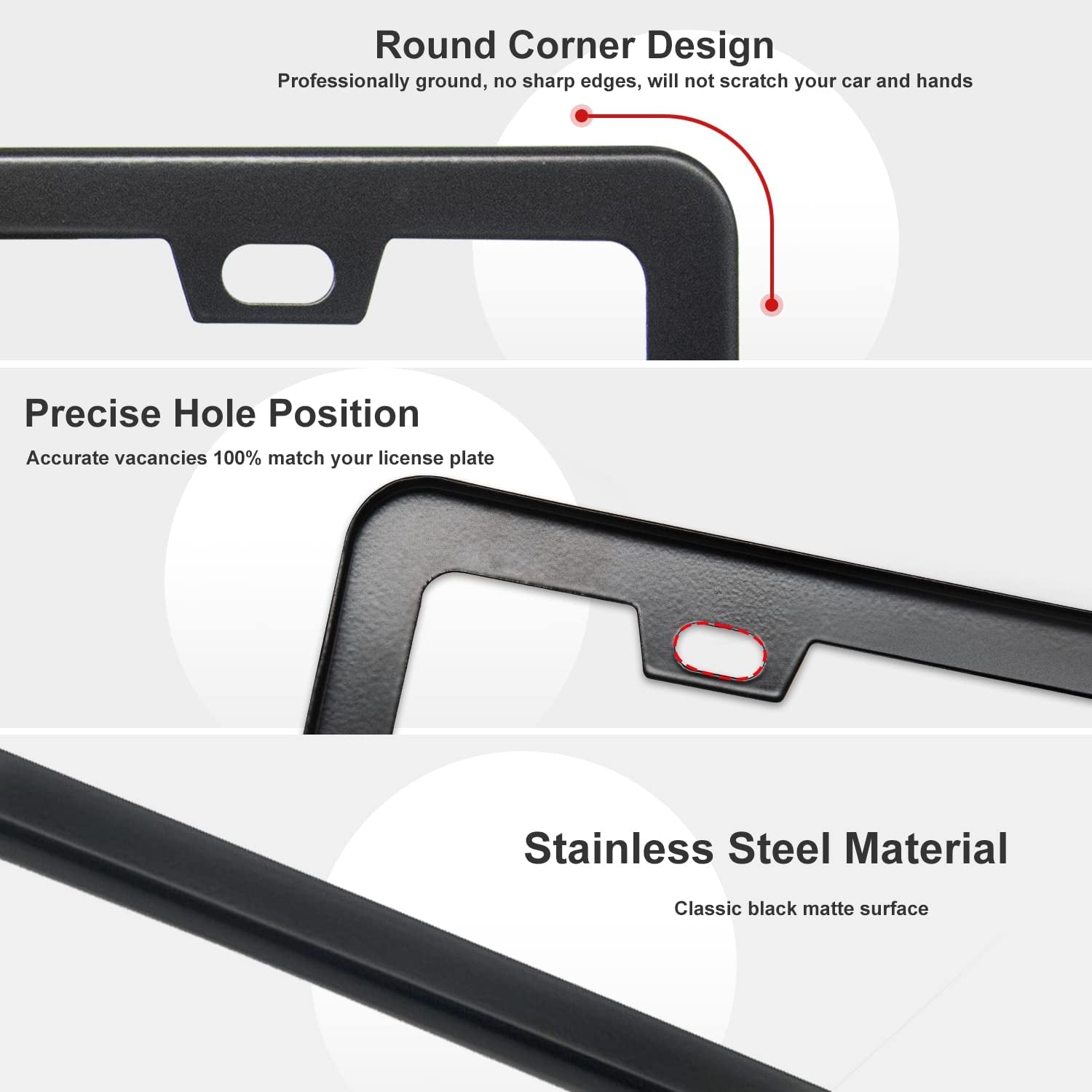 Black License Plate Frames, 2 Hole License Plate Frame, 2PCS Black License Plate Holders with Coasters, Universal Thin Stainless Steel Rust-Proof Car Plate Cover Included Screw Accessories