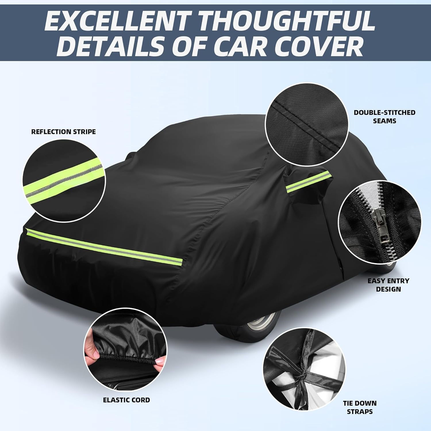 Car Covers for Beetle Bug Sedan 2-Door 1960-1980 Waterproof All Weather Full Car Cover 210D with Door Zipper & Windproof Bands for Snow Rain Dust Hail Protection Black