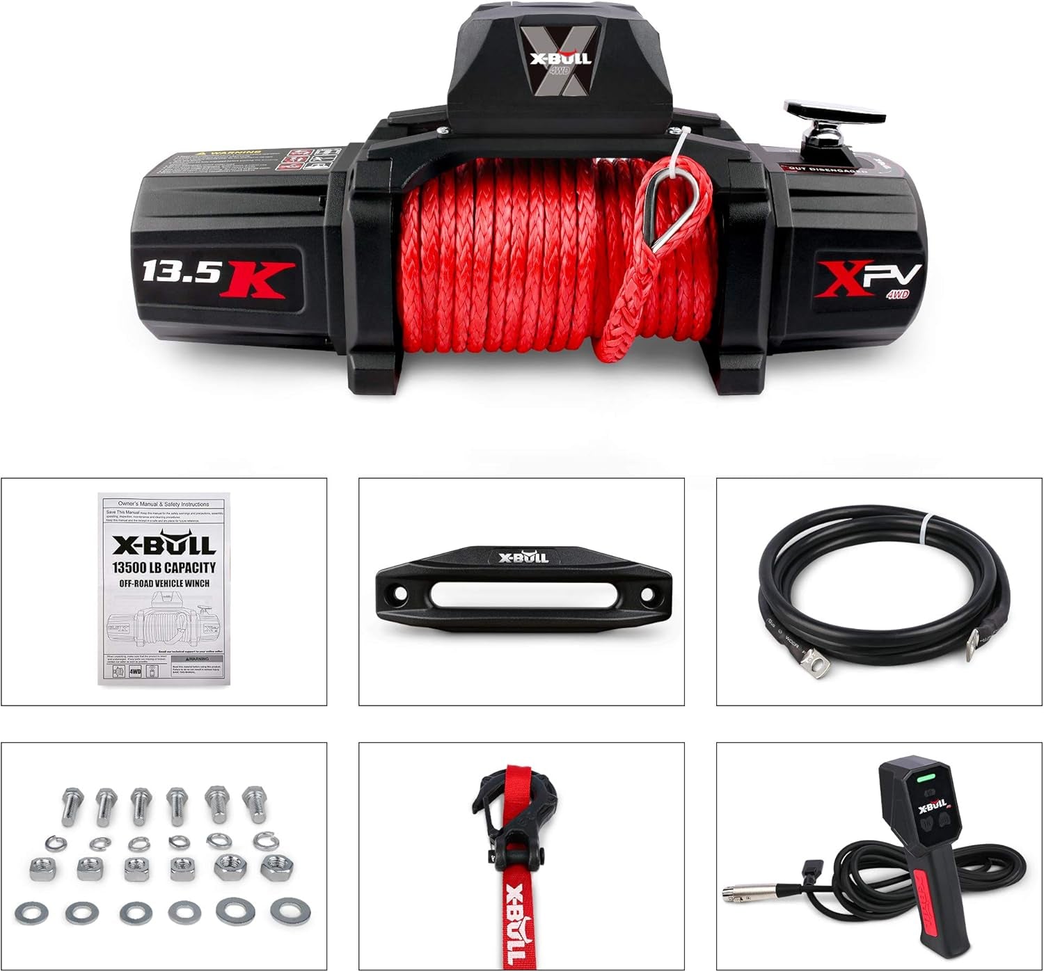 Winch-13500 Lb. Load Capacity Electric Winch Kit 12V Synthetic Rope,Waterproof IP67 Electric Winch with Hawse Fairlead, with Wireless Handheld Remote and Corded Control Recovery