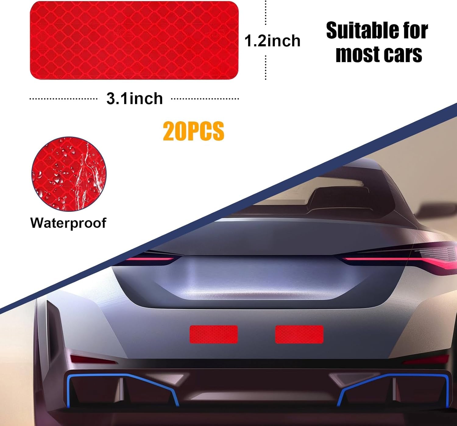 20PCS Warning Reflective Stickers, Night Visibility Safety Reflective Sticker, Waterproof Auto Reflector Tape for Bumper Clothing Trailers Motorcycle Helmet, Car Accessories (Red)