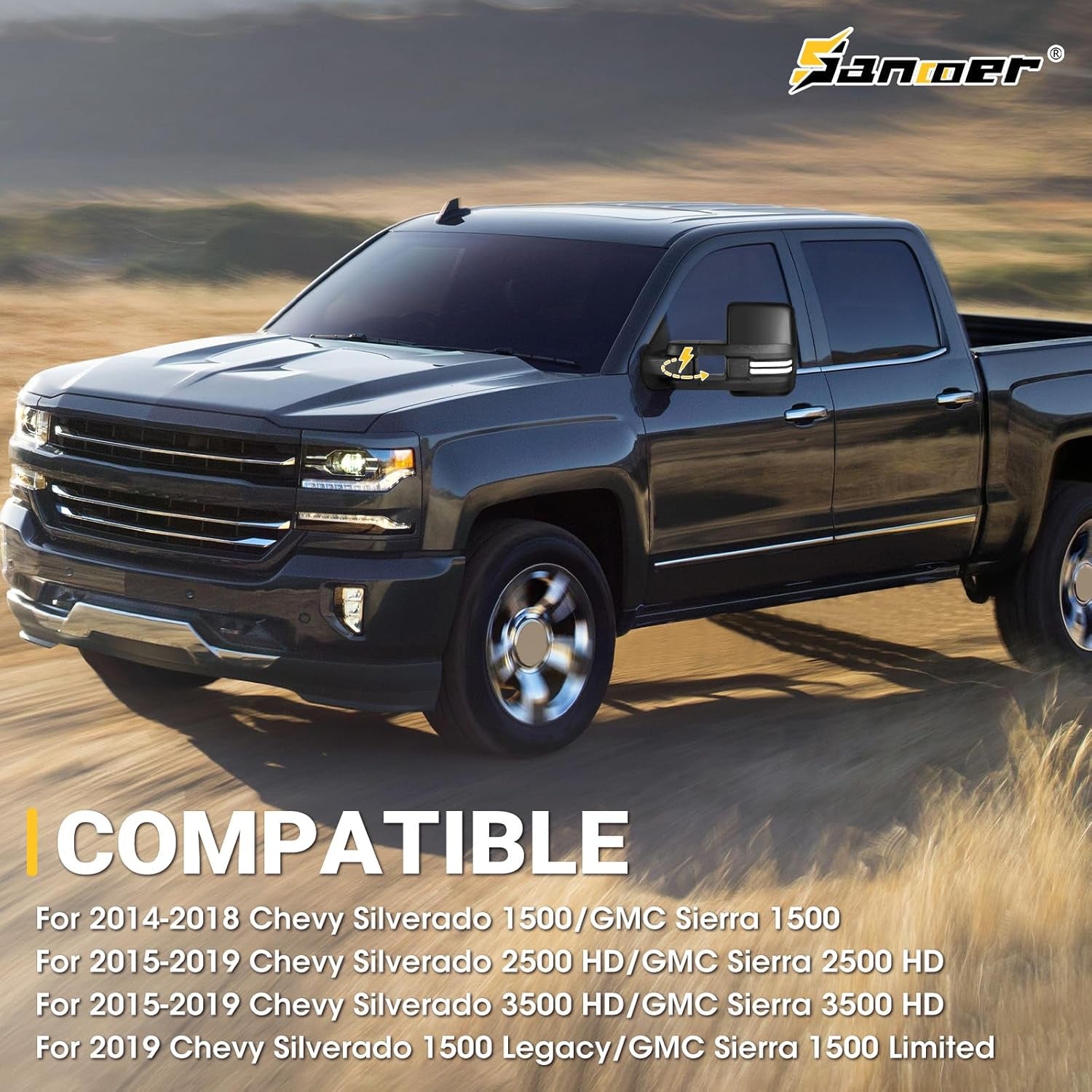 Power Folding Towing Mirrors Black for 2014-2018 Chevy Silverado GMC Sierra 1500 2500HD 3500HD 2019 Chevy GMC 1500 with Switchback Lights Running Signal Light Heated Set