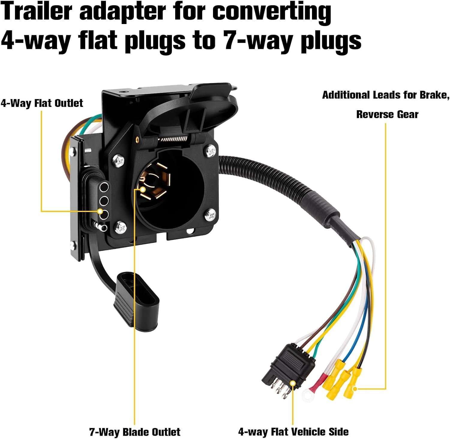 Universal 4-Way Flat to 7-Way RV Blade Adapter Kit, 7 Pin Trailer Light Connector and 4 Pin Trailer Wiring Harness with Safety Bracket, Compatible with RV, Truck