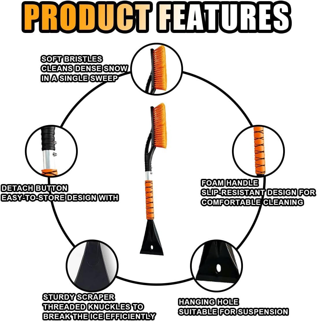 27" Car Snow Brush and Ice Scraper - Aluminum Snow Removal Tool with Ergonomic Foam Grip - Detachable Ice Scraper for Car Windshield and Window - Ice Shovel Tool Car Winter Accessories (Orange)
