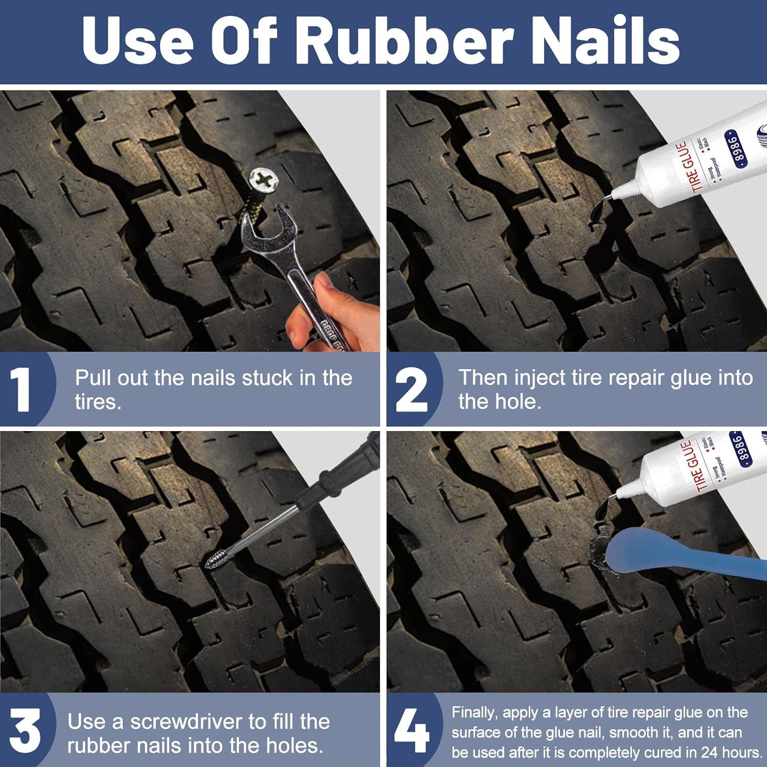 24Pcs Tire Repair Glue Kit, 120Ml Tire Patch Glue with Rubber Nail, for Vacuum Tires Puncture Repair on Cars, Motorcycles, Trucks, and Tractors, Super Sticky