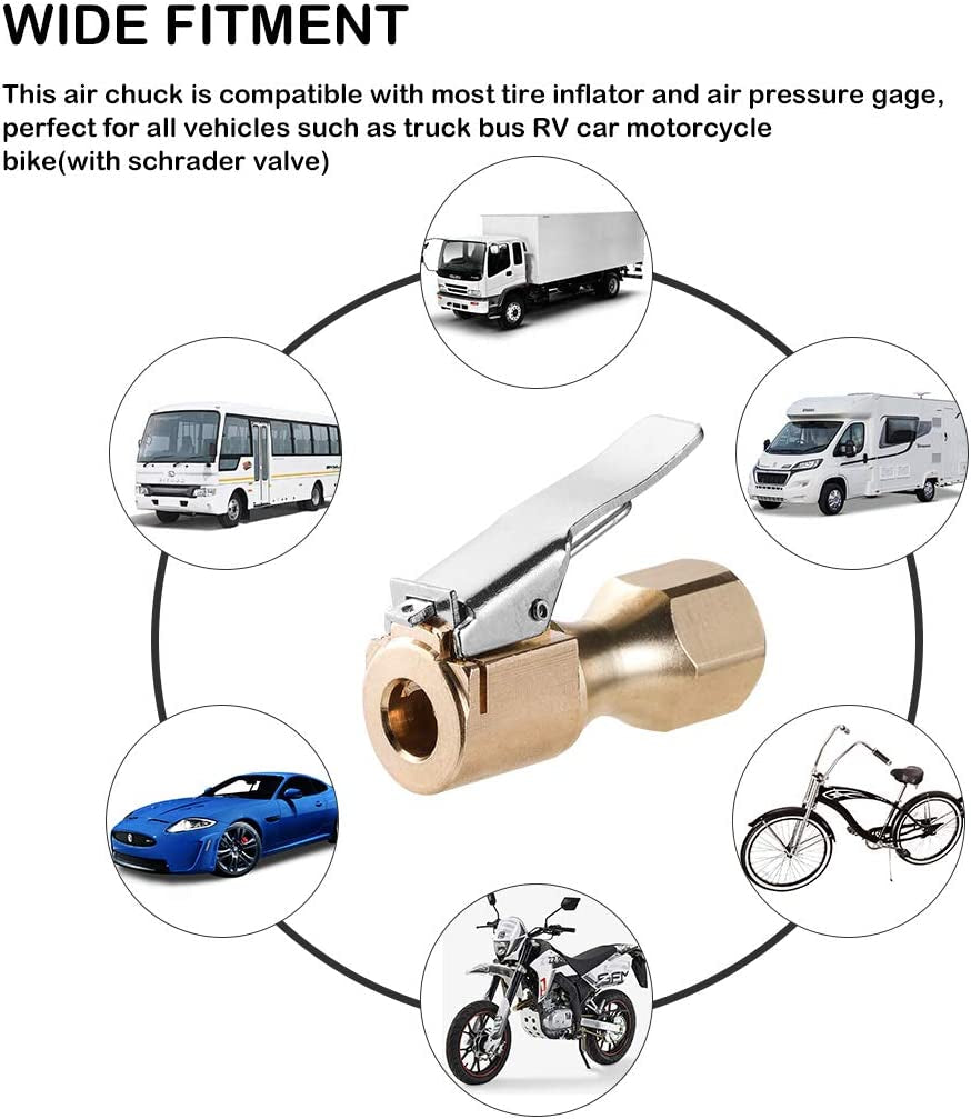 Heavy Duty Brass Air Chuck, Closed Flow Straight Tire Chuck with Lock-On Clip, 1/4" FNPT Tyre Chuck for Tire Inflator Pressure Gauge Air Pump Compressor Accessories (Brass, 2 Pack)