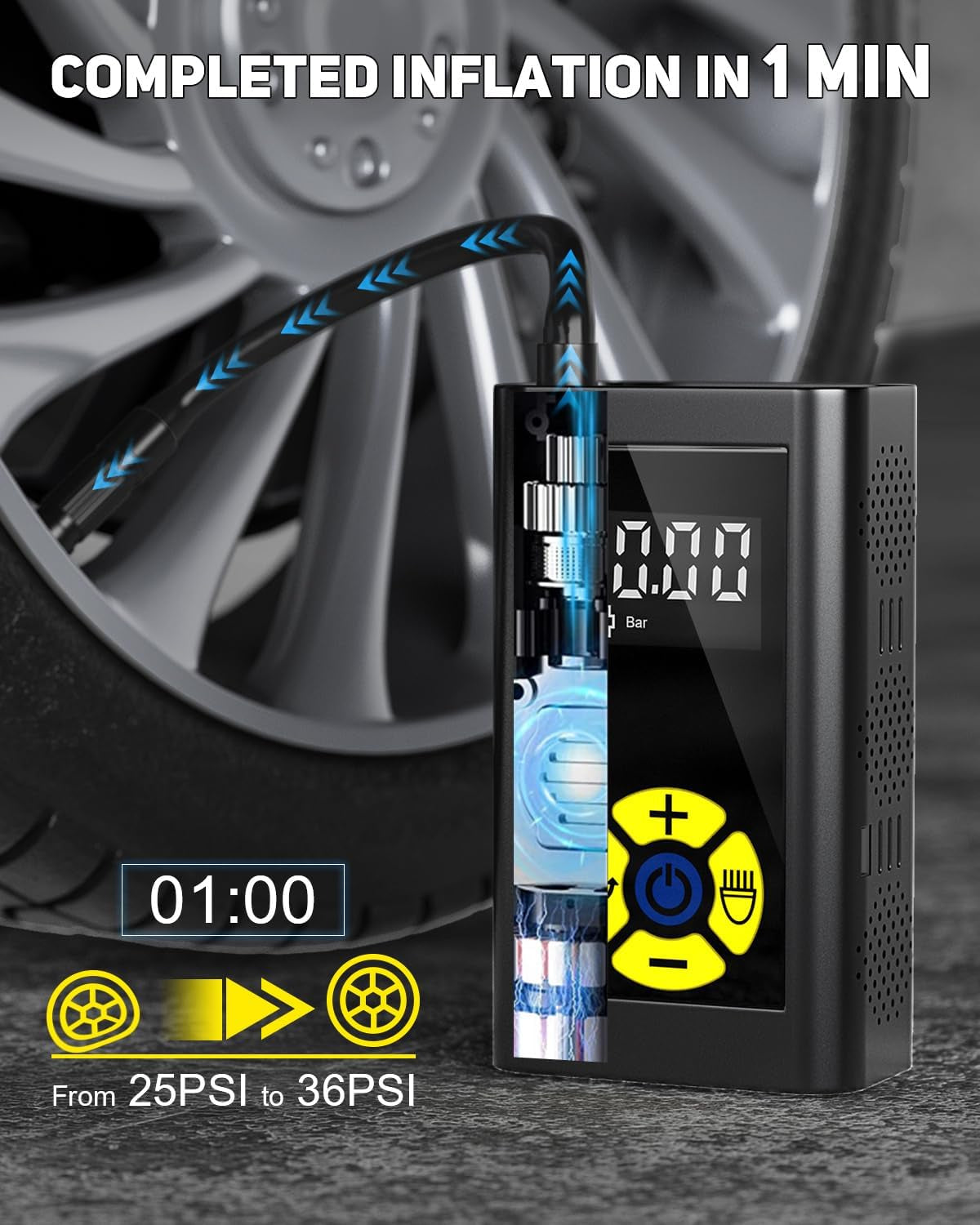 Tire Inflator Portable Air Compressor, Rechargeable Tire Inflator with LED Light, 150 PSI Bike Pump for Cars, Mini Air Pump for Bikes, Motorcycles, Balls and Emergency Flashlights