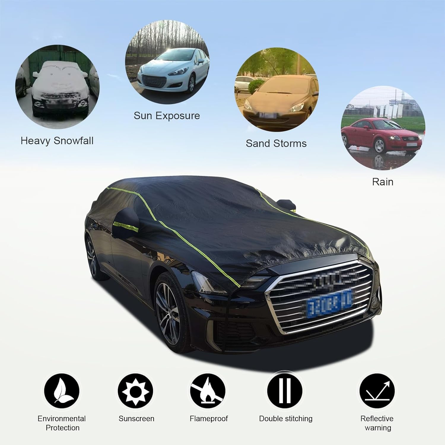 Car Cover 4 Layers Waterproof All Weather Black Half Car Cover Protect Windshield and Roof for Automobiles Outdoor Universal (Fits Sedan 175"-188") by