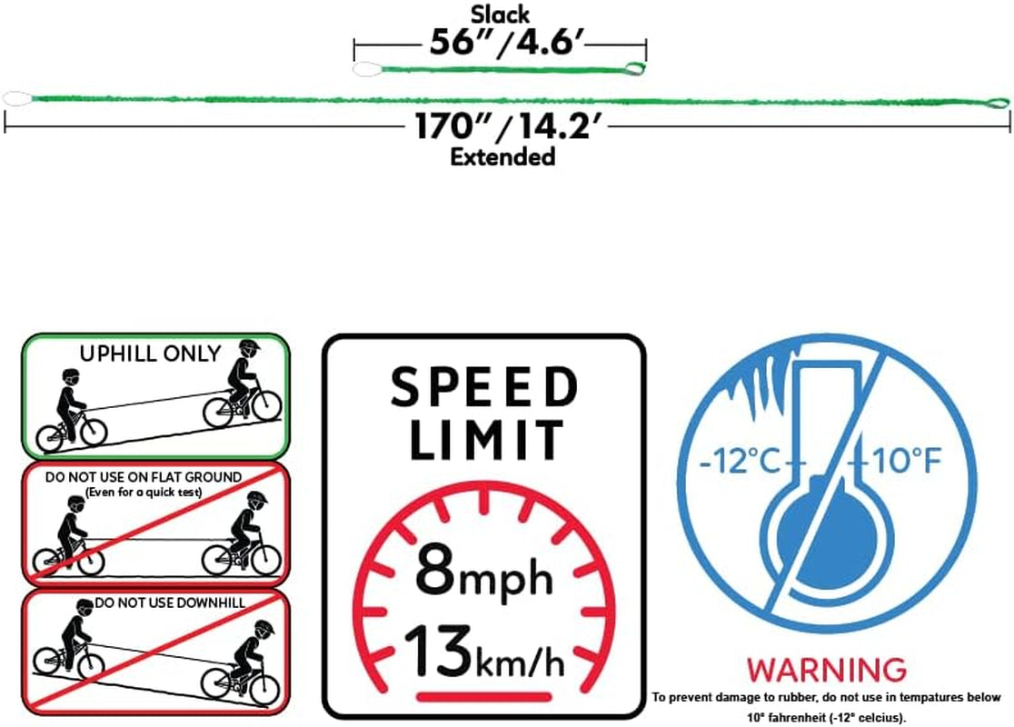 E-Bike/Adult Connect Bike Bungee Tow Rope | MTB & Cycling Stretch Pull Strap | Compatible with Any Bicycle | Ride Further (Adult Green) - Made in the USA