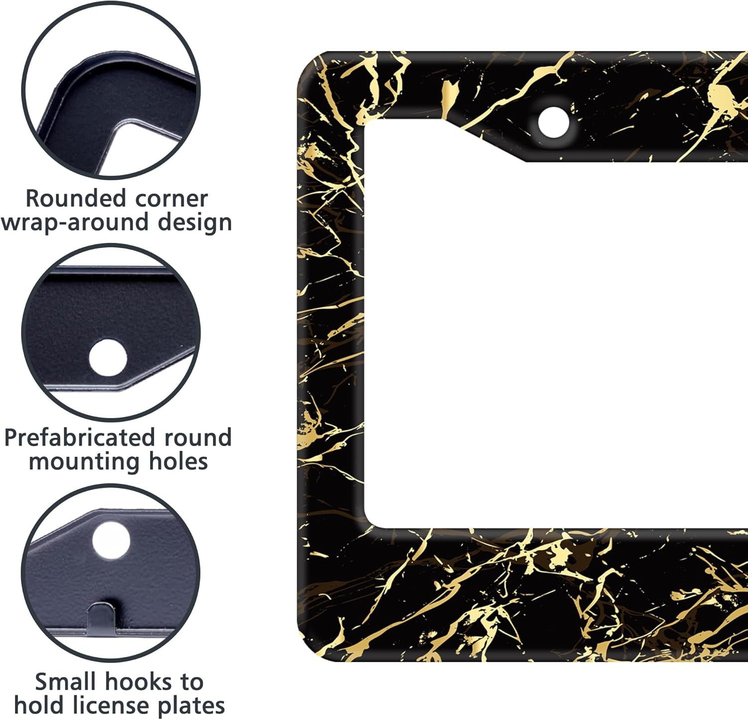 Marble License Plate Frames,Abstract Black and Golden Marble Aluminum Car License Plate Cover Car Tag Frame 2 Holes with Screws for Men and Women,12.3"X 6.3"
