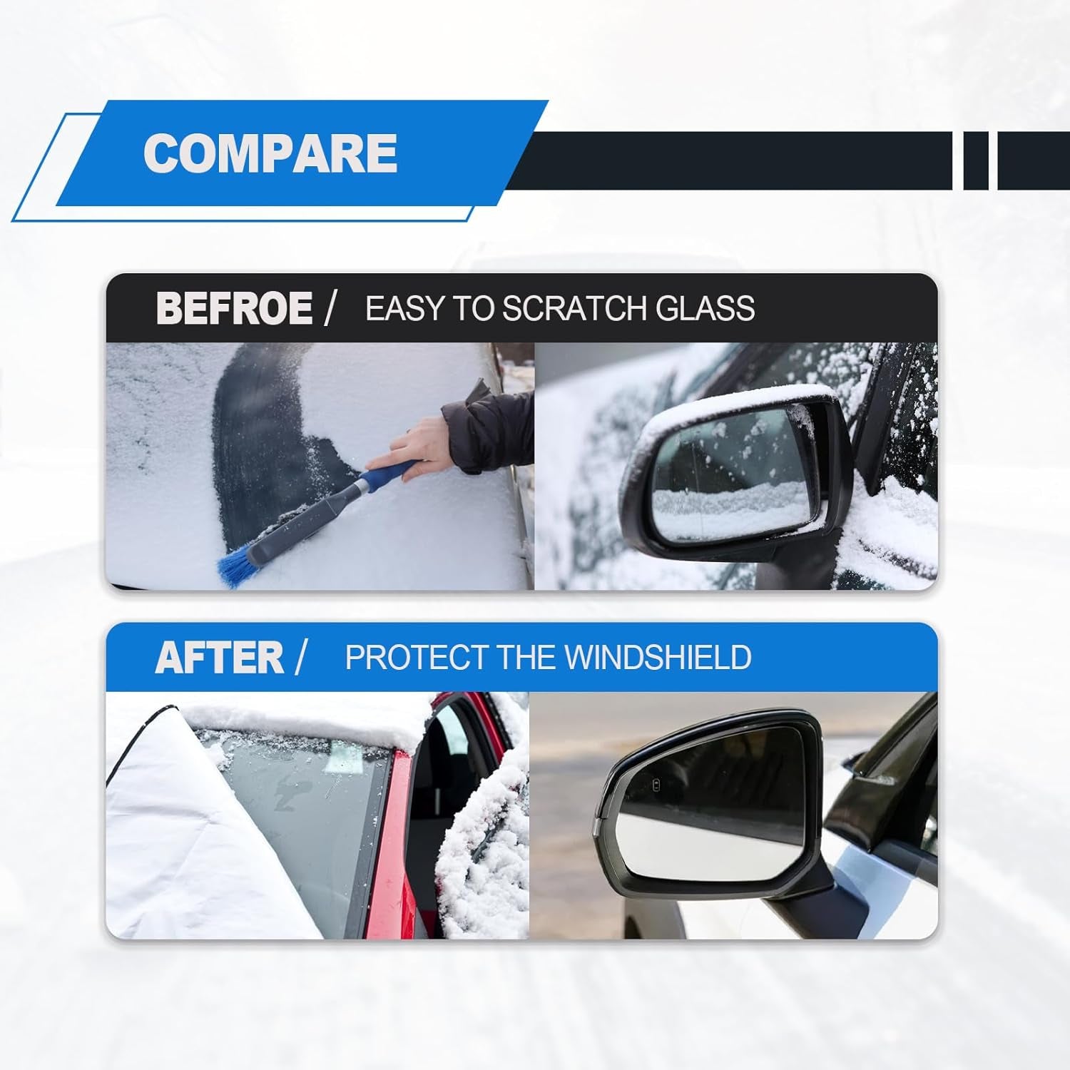 Car Magnetic Windshield Snow Cover, Heavy Duty Ultra Thick Protective Windscreen Cover 4-Layer Protection for Snow, Ice, UV & Frost Wiper Mirror Universal for Sedan, Small Suv(Silver)