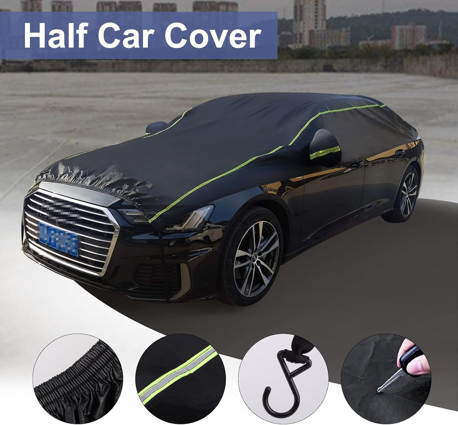 Car Cover 4 Layers Waterproof All Weather Black Half Car Cover Protect Windshield and Roof for Automobiles Outdoor Universal (Fits Sedan 175"-188") by