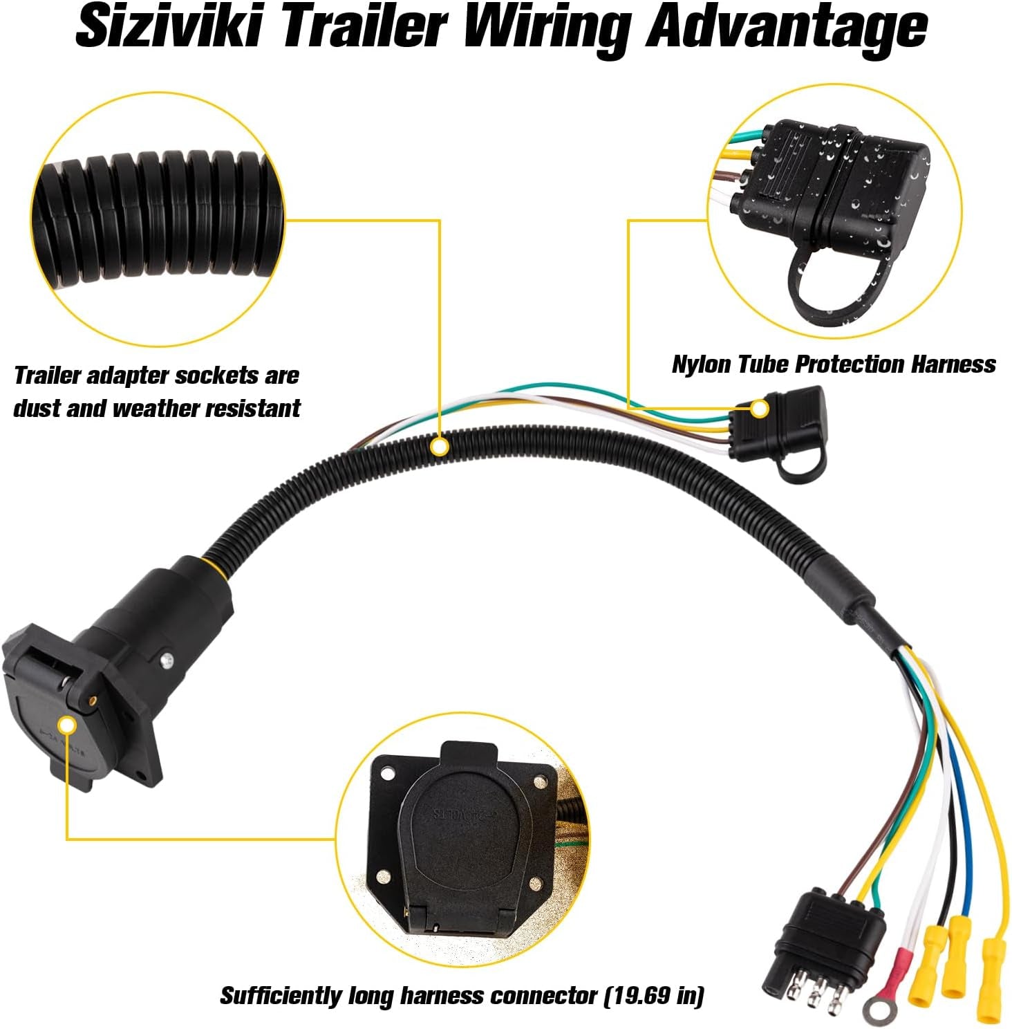 Universal 4-Way Flat to 7-Way RV Blade Adapter Kit, 7 Pin Trailer Light Connector and 4 Pin Trailer Wiring Harness with Safety Bracket, Compatible with RV, Truck