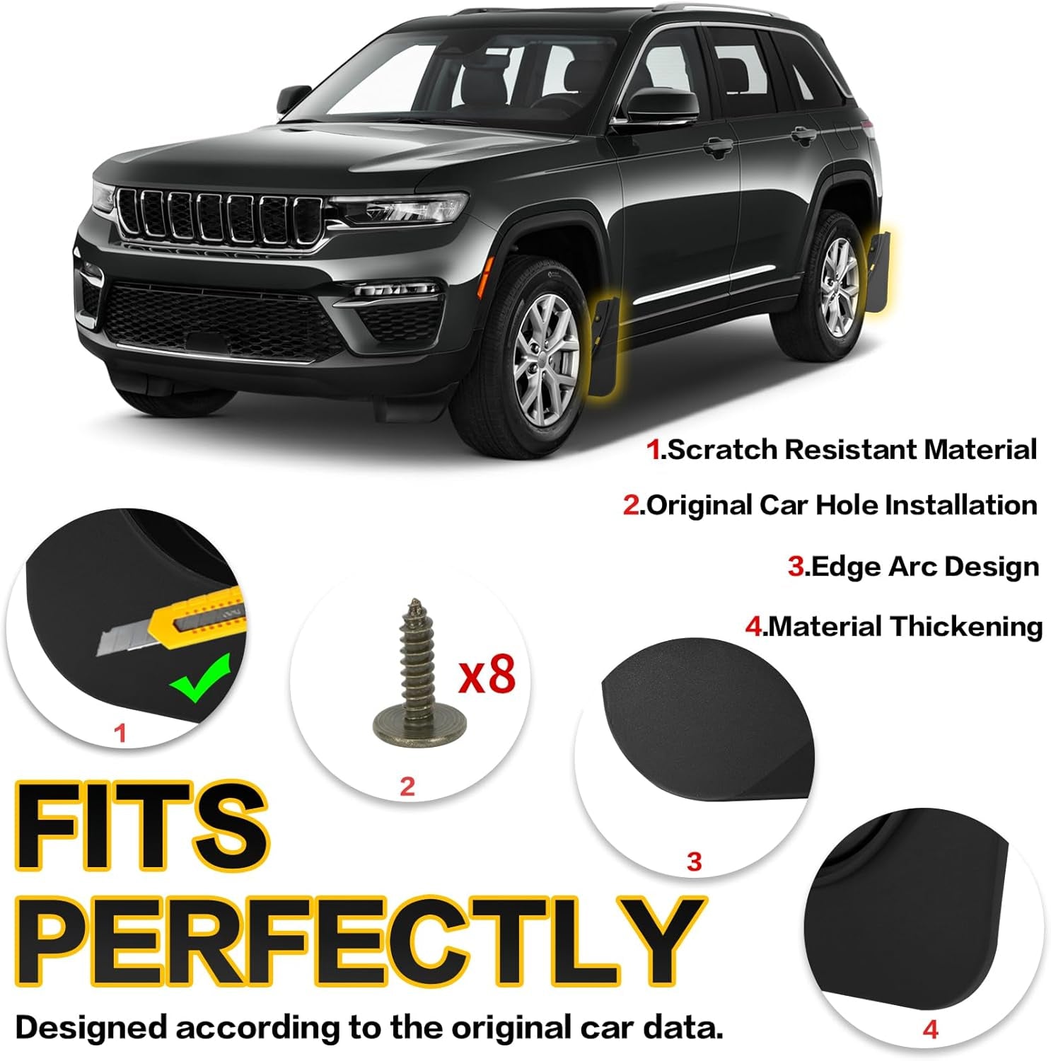 Fit for Grand Cherokee 2024 2025 2022 2023 (Non L) 5 Seats Mud Flaps Set of 4PCS Mud Guard Kit Splash Guards Mudguards Mudflaps with Hardware Kits Accessory Front and Rear