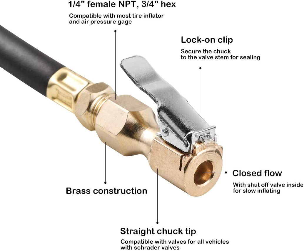 Heavy Duty Brass Air Chuck, Closed Flow Straight Tire Chuck with Lock-On Clip, 1/4" FNPT Tyre Chuck for Tire Inflator Pressure Gauge Air Pump Compressor Accessories (Brass, 2 Pack)