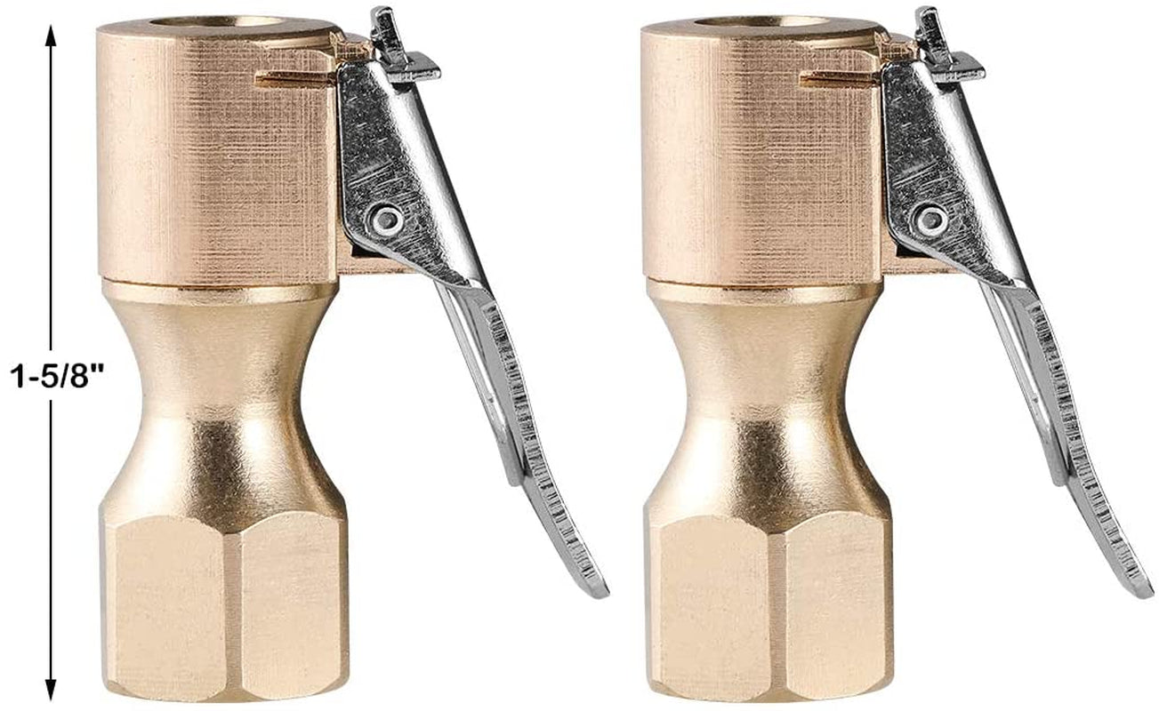 Heavy Duty Brass Air Chuck, Closed Flow Straight Tire Chuck with Lock-On Clip, 1/4" FNPT Tyre Chuck for Tire Inflator Pressure Gauge Air Pump Compressor Accessories (Brass, 2 Pack)