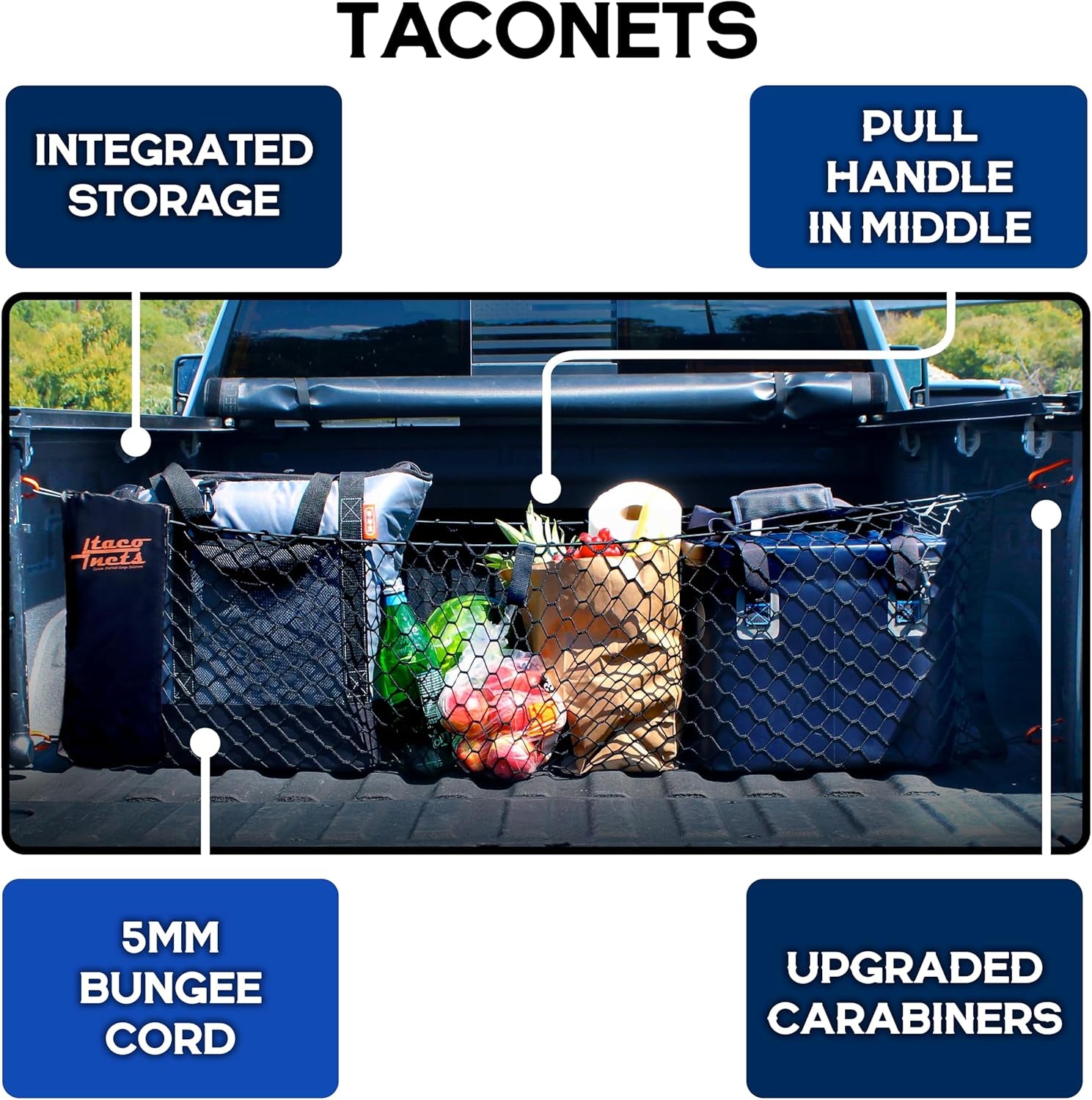 Envelope Cargo Net for GMC Sierra & Chevy Silverado - Fits 2013-2025 - Upgraded 5Mm Bungee - Integrated Storage Bag - Heavy Duty Carabiners - Designed in USA - 18" X 50"