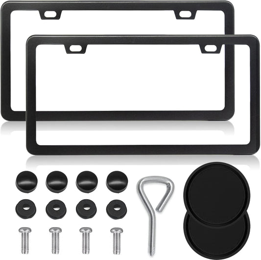 Black License Plate Frames, 2 Hole License Plate Frame, 2PCS Black License Plate Holders with Coasters, Universal Thin Stainless Steel Rust-Proof Car Plate Cover Included Screw Accessories