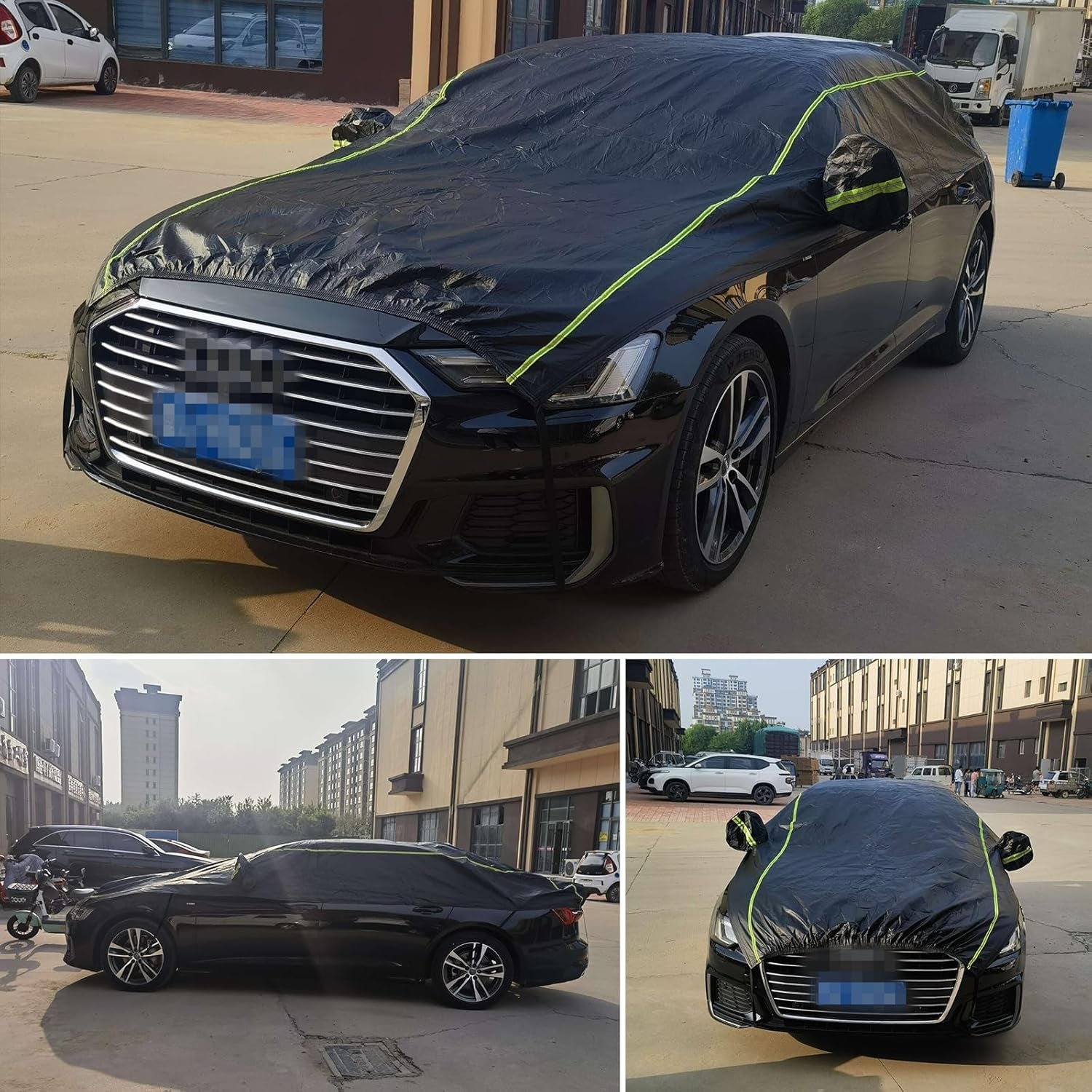 Car Cover 4 Layers Waterproof All Weather Black Half Car Cover Protect Windshield and Roof for Automobiles Outdoor Universal (Fits Sedan 175"-188") by