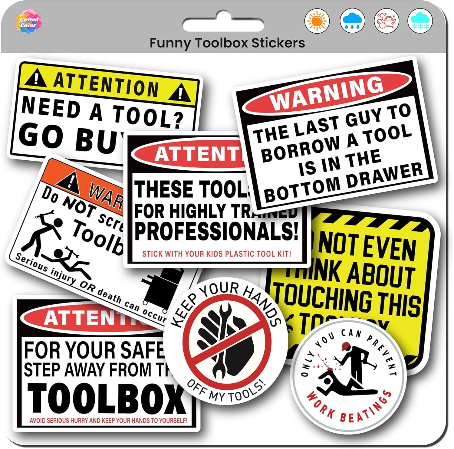 Funny Tool Box Stickers and Decals (8 Pack) - Strong Adhesive Waterproof Funnytool Warning Stickers - No Fade, Used for Tool Box, Helmet, Hard Hat, Laptop, Water Bottle