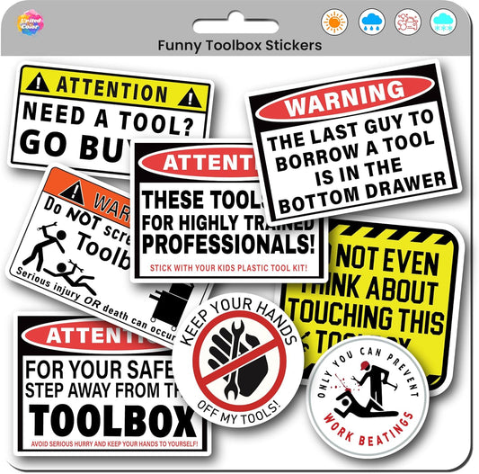 Funny Tool Box Stickers and Decals (8 Pack) - Strong Adhesive Waterproof Funnytool Warning Stickers - No Fade, Used for Tool Box, Helmet, Hard Hat, Laptop, Water Bottle