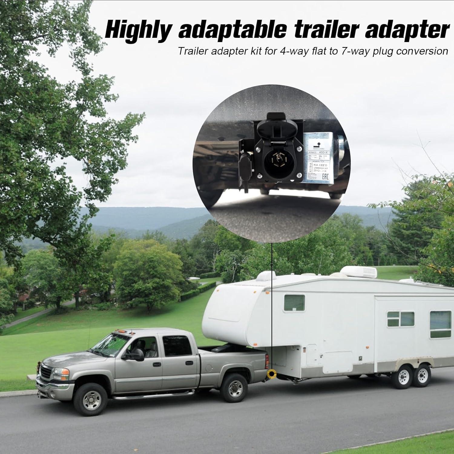 Universal 4-Way Flat to 7-Way RV Blade Adapter Kit, 7 Pin Trailer Light Connector and 4 Pin Trailer Wiring Harness with Safety Bracket, Compatible with RV, Truck