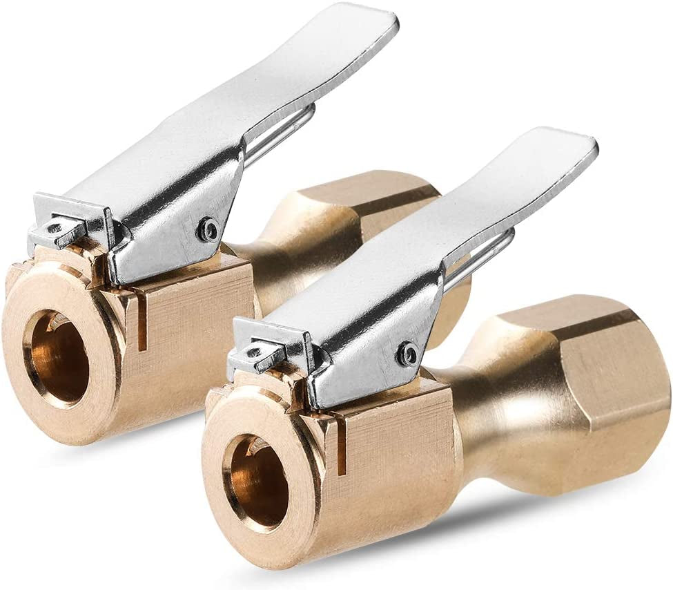 Heavy Duty Brass Air Chuck, Closed Flow Straight Tire Chuck with Lock-On Clip, 1/4" FNPT Tyre Chuck for Tire Inflator Pressure Gauge Air Pump Compressor Accessories (Brass, 2 Pack)