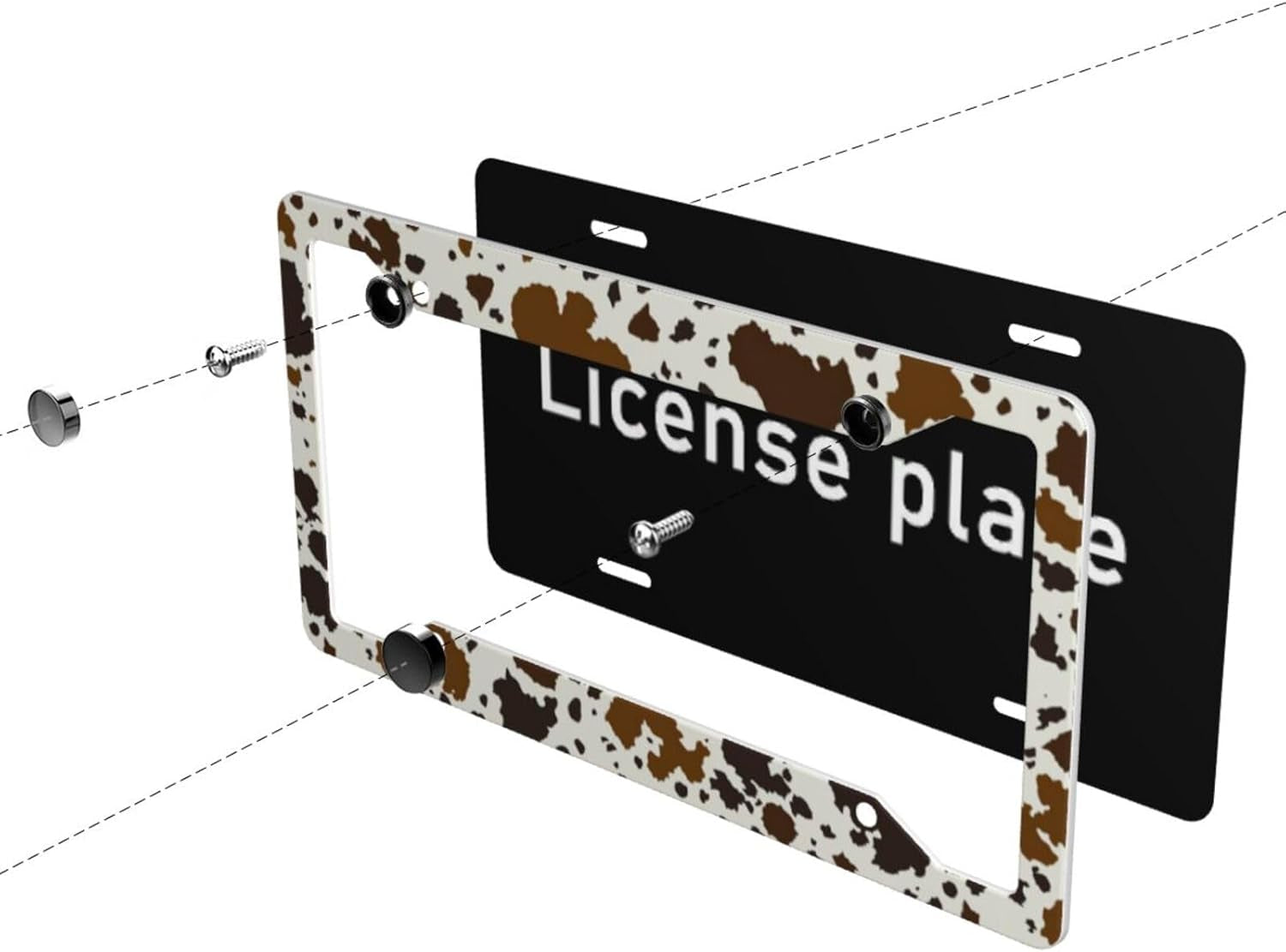 Brown Cow Print License Plate Frame Western Cow Car Accessories Aluminum Metal License Plate Holder, Weather Proof, Rust-Proof Universal Size