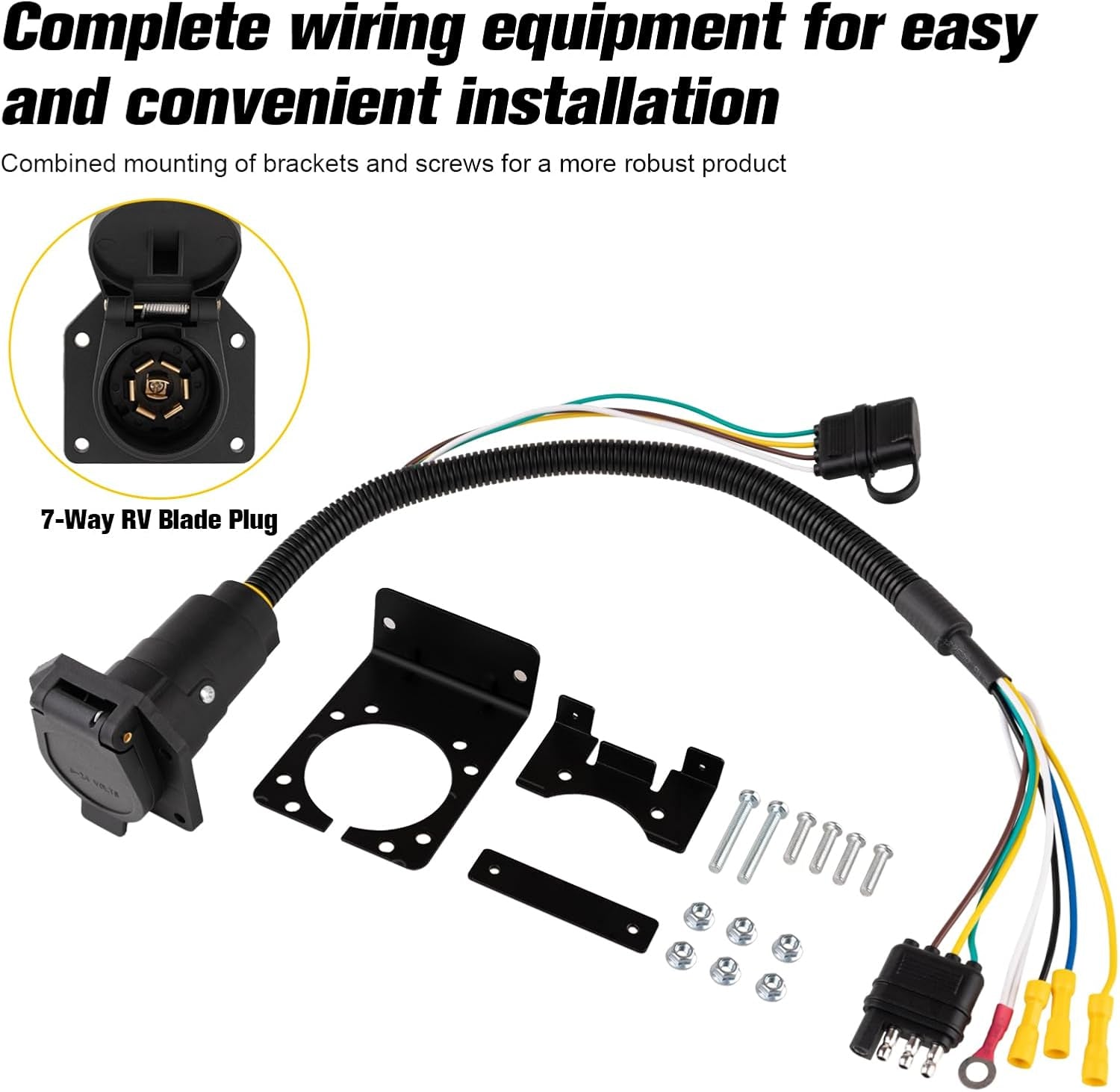 Universal 4-Way Flat to 7-Way RV Blade Adapter Kit, 7 Pin Trailer Light Connector and 4 Pin Trailer Wiring Harness with Safety Bracket, Compatible with RV, Truck