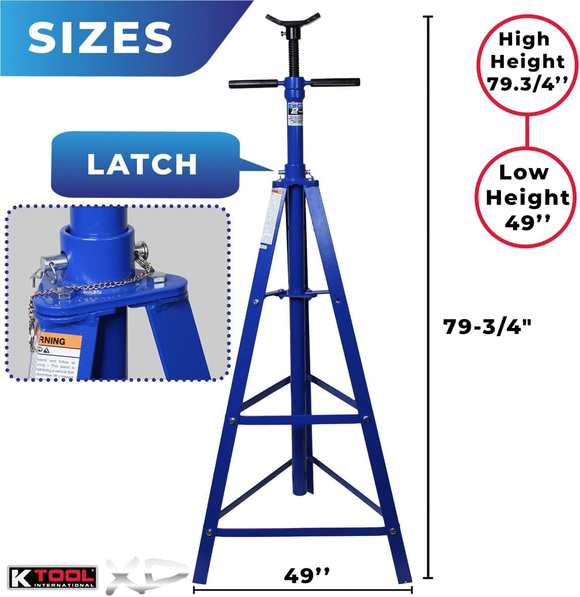 XD61002 2 Ton Automotive under Hoist Tripod Stand for Garages, Repair Shops, and DIY, 4,000Lb. Capacity, Support Range 49"-79.75", Heavy Duty Steel, 24" Base, 3.25" Saddle, Blue