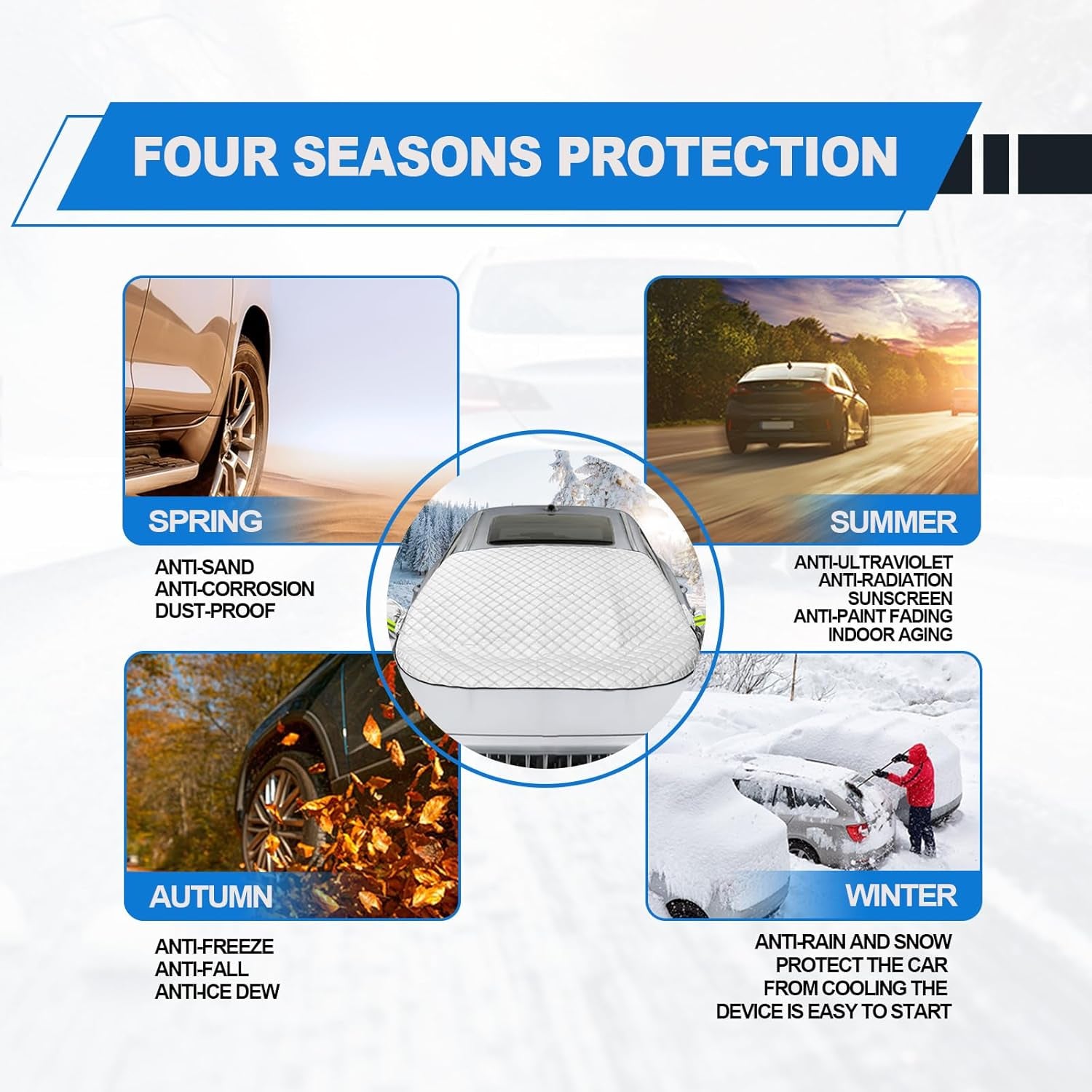 Car Magnetic Windshield Snow Cover, Heavy Duty Ultra Thick Protective Windscreen Cover 4-Layer Protection for Snow, Ice, UV & Frost Wiper Mirror Universal for Sedan, Small Suv(Silver)