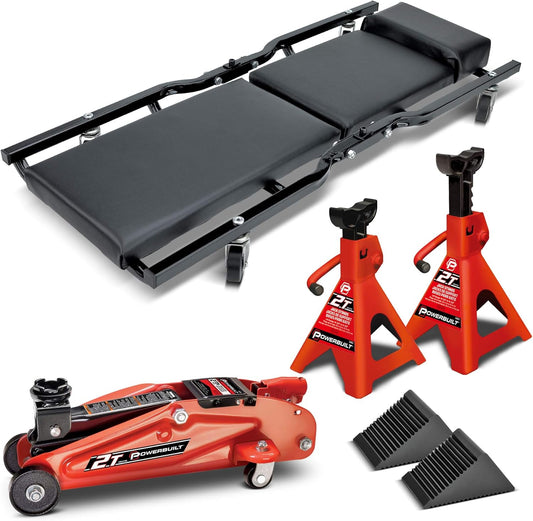 Powerbuilt 6 Piece Car Jack and Garage Creeper Service Set, 2 Ton Vehicle Lift, Jackstands, Folding Creeper, Wheel Chocks, Car Repair Garage Equipment - 640816, Large, Red