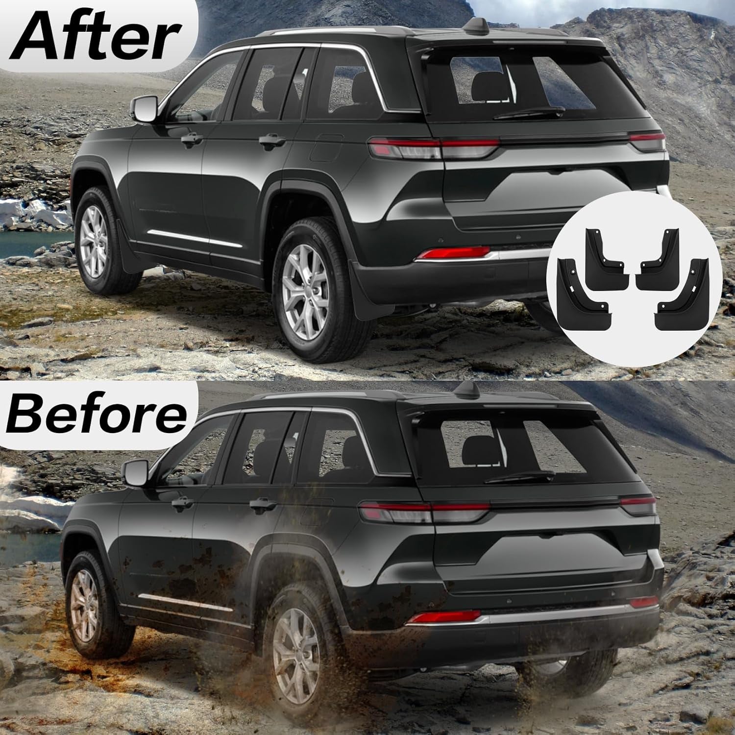 Fit for Grand Cherokee 2024 2025 2022 2023 (Non L) 5 Seats Mud Flaps Set of 4PCS Mud Guard Kit Splash Guards Mudguards Mudflaps with Hardware Kits Accessory Front and Rear