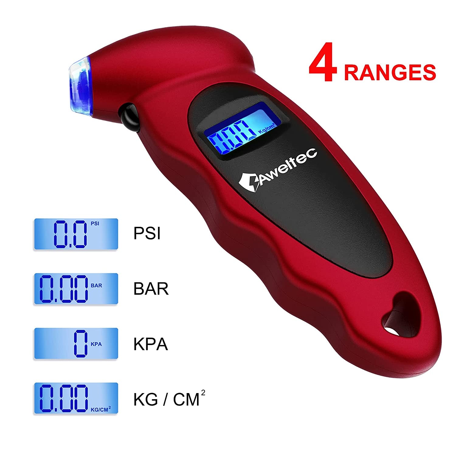 Digital Tire Pressure Gauge 150 PSI, 4 Settings, Tire Gauge for Car, Truck, Motorcycle, Bicycle with Backlit LCD and Non-Slip Grip (Red)