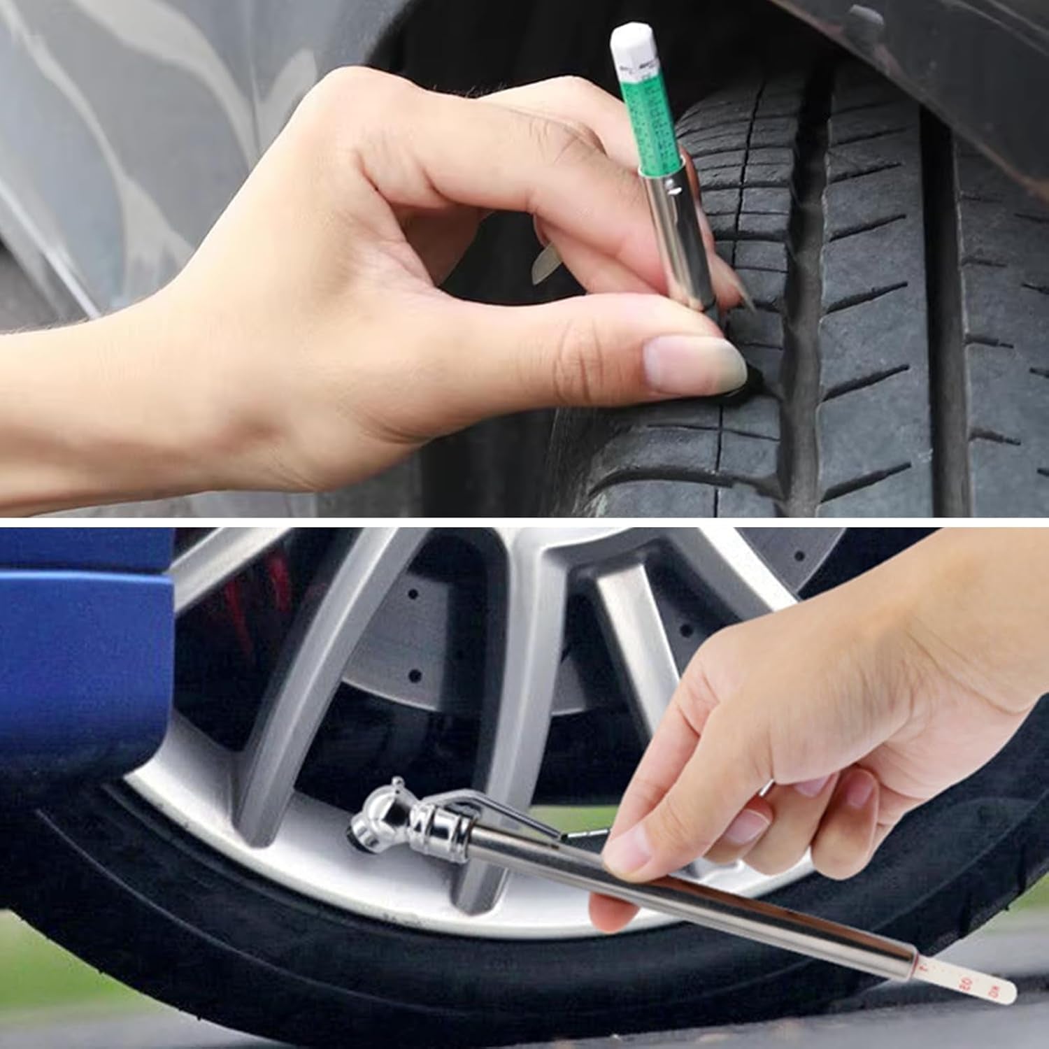 Color Coded Tire Tread Depth Gauge 32Nds with Pencil Tire Pressure Gauge 5-50 PSI, Air Pressure Gauge for Tires, Professional Tire Thread Meter Tool for Motorcycle,School Bus,Suv