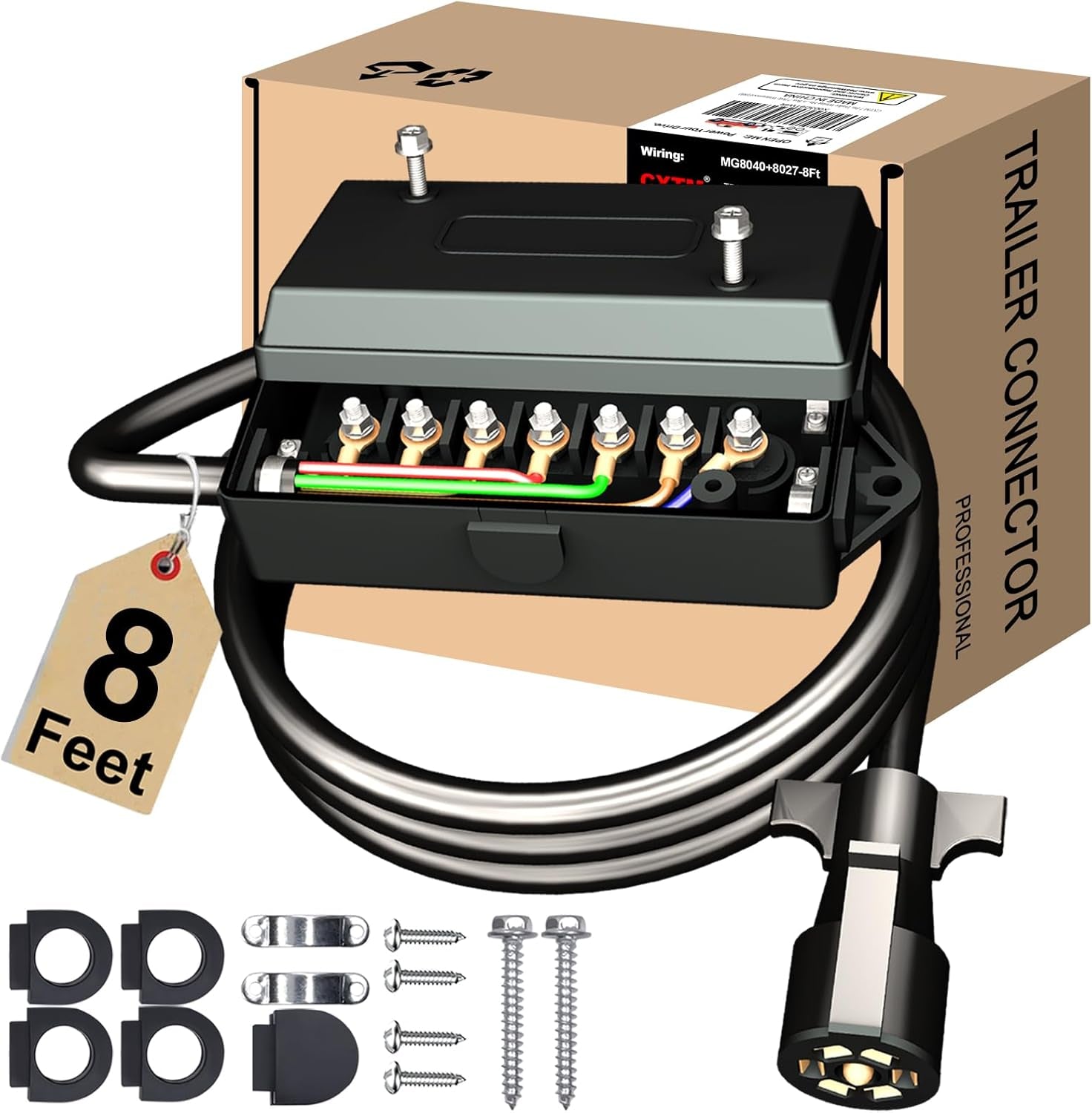 7 Pin Trailer Wiring Harness Kit with 7 Gang Junction Box - 8 Feet, Heavy Duty 7 Wire Trailer Cable 7 Way Trailer Plug Cord, Trailer Junction Box 7 Pole Waterproof (8Ft)