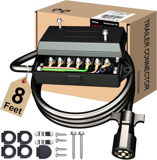 7 Pin Trailer Wiring Harness Kit with 7 Gang Junction Box - 8 Feet, Heavy Duty 7 Wire Trailer Cable 7 Way Trailer Plug Cord, Trailer Junction Box 7 Pole Waterproof (8Ft)