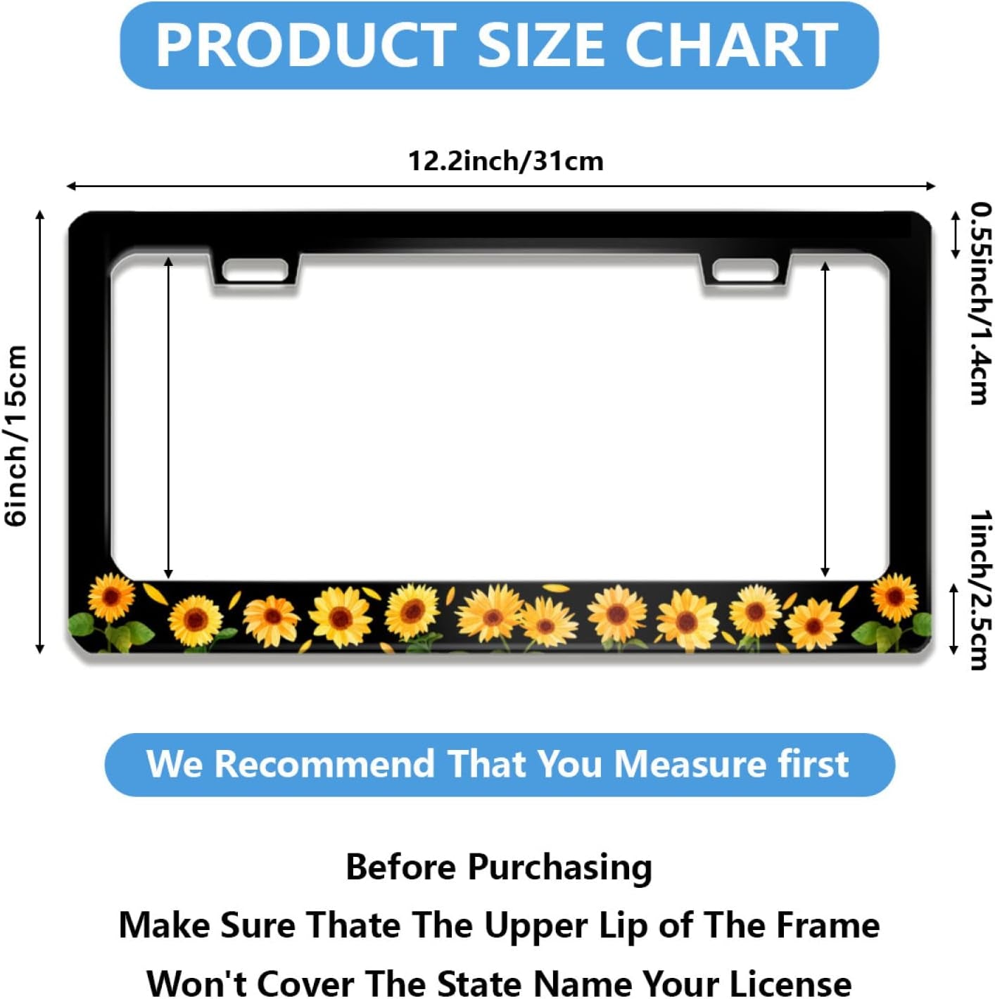 Sunflower License Plate Frame Beautiful Flowers License Plate Frame Floral Stainless Steel for Car Decorative Parts License Plate for Standard Us Canada Holder Unisex 12X6 Inch