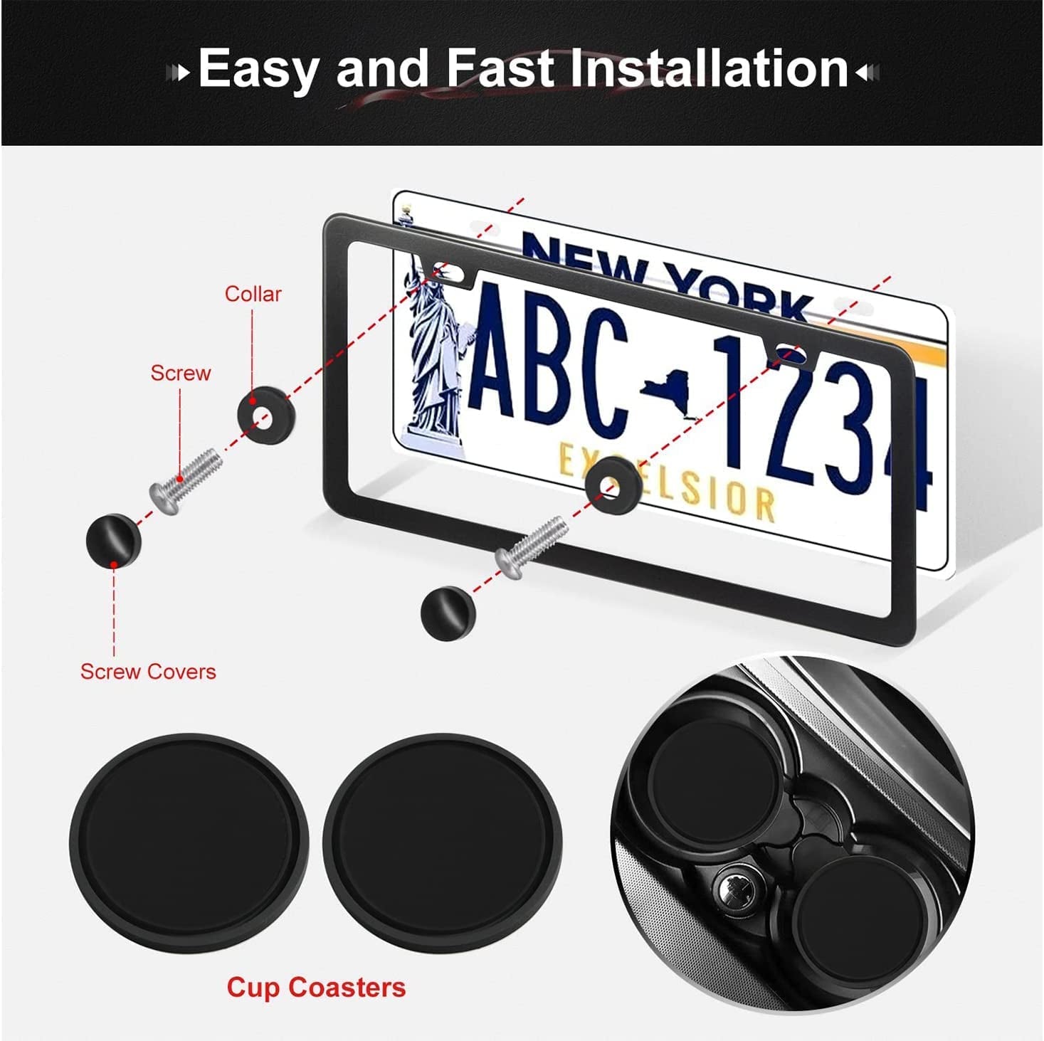 Black License Plate Frames, 2 Hole License Plate Frame, 2PCS Black License Plate Holders with Coasters, Universal Thin Stainless Steel Rust-Proof Car Plate Cover Included Screw Accessories