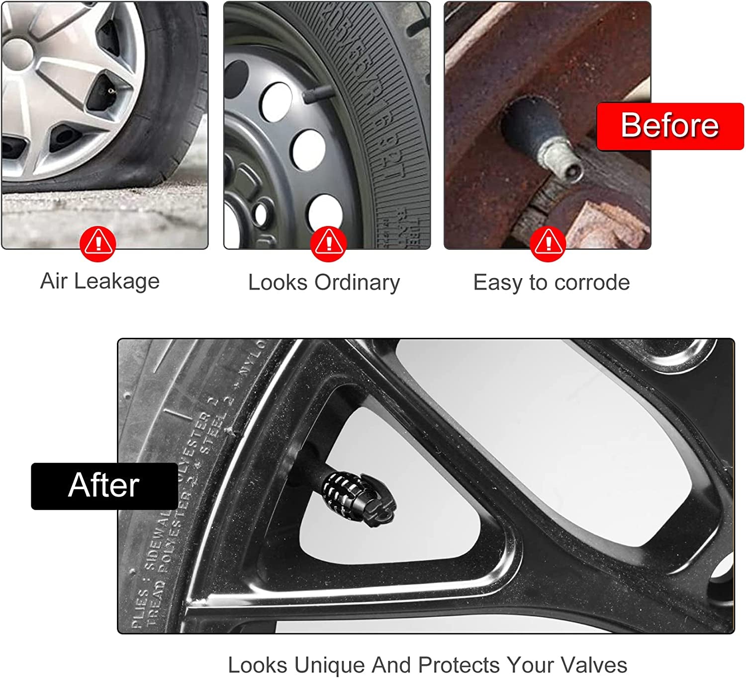 Car Tire Valve Stem Cap, Personalized Tire Valve Stem Cap Exterior Accessories, Universal for Car, Truck, SUV, Motorcycle and Bicycle (4PCS Black)